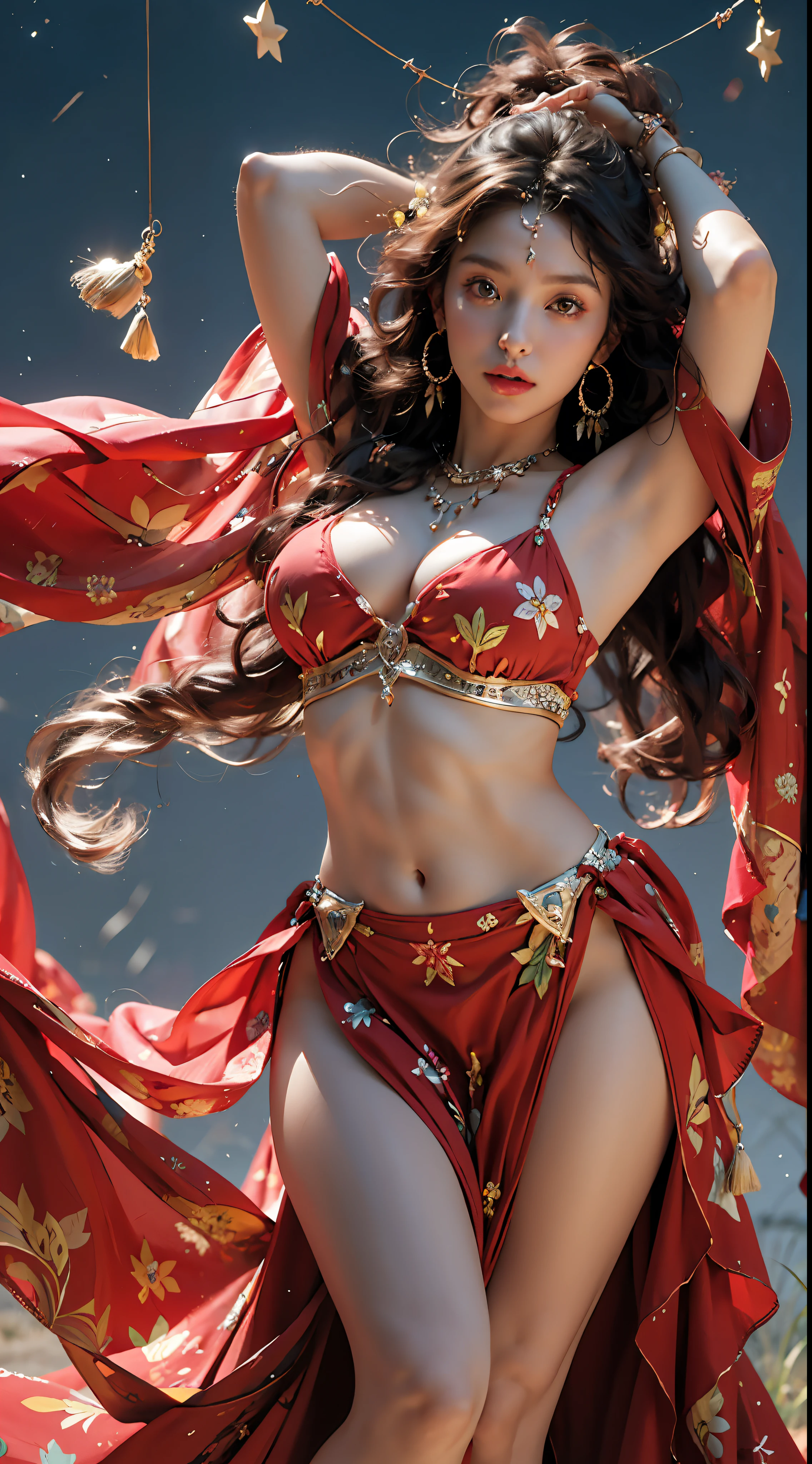 (extremely detailed CG unity 8k wallpaper,masterpiece, best quality, ultra-detailed, beautiful detailed eyes:1.2),best illumination, (best shadow, an extremely delicate and beautiful, bloom),exotic_dance,.1girl,solo,(brown eyes,big eyes),(red jewel), long skirt,collarbone,((gigantic hanging breasts:1.2)),navel, long hair, earrings, necklace, black hair, breasts, midriff, armpits, skirt, sky, arms up, red skirt, hair ornament, (dancer,dance posture), breasts, beads, circlet, blue sky,veil,.Beautiful facial features,Wings,starry sky,full body,Complex decoration,Black Armor,Best quality,masterpiece,upper body shot,close face,looking at the audience,Anime face,2.5D,8k. Strong lighting,light and shadow texture,texture details.