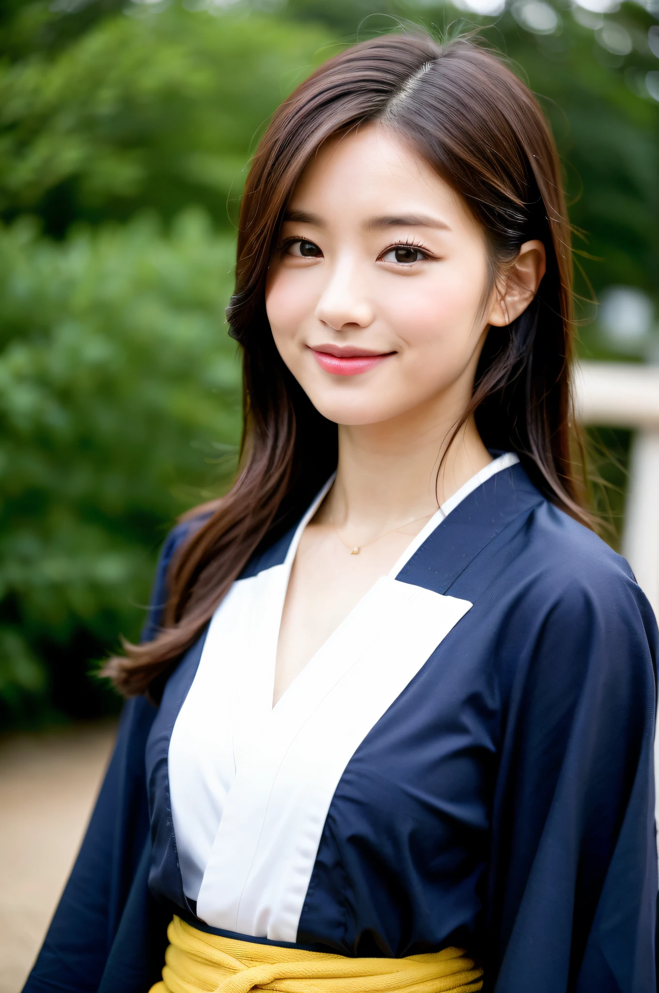 ((Best Quality, 8K, Masterpiece: 1.3)), Sharp Focus: 1.2, (Super Beautiful Face: 1.0), (Slender Abs Beauty: 1.0), (Shiny Skin: 1.0), Realistic Photography, Black Hair, Realistic Pupils, Video Lighting, High Definition Eyes and Face, Video Lighting, (Cowboy Shot: 1.3), (Kimono, Hakama, Obi: 1.4), (Korean Cute Actress), Traditional Kimono, Happiness, In Nature, Look at the audience, from the front, big