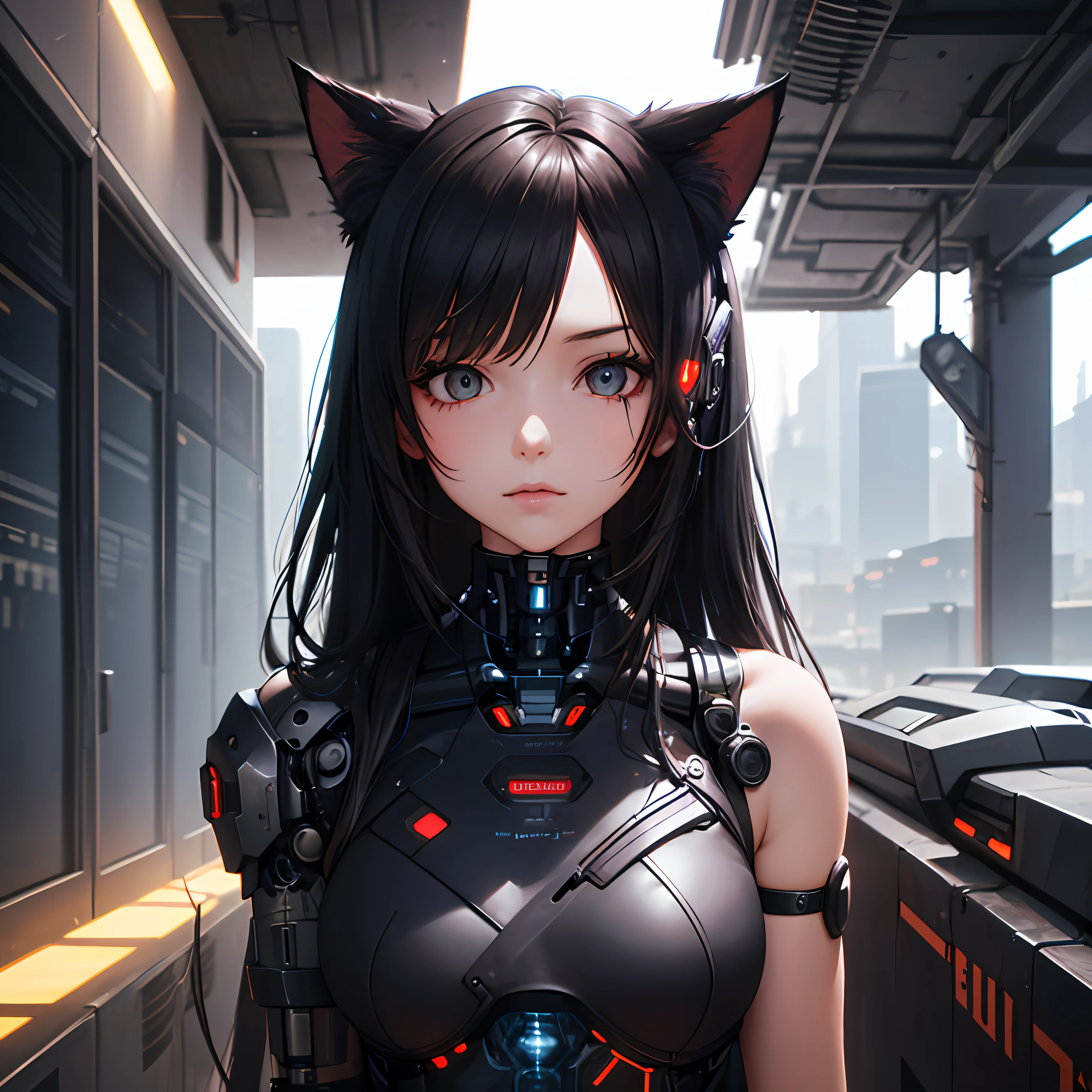 ((metal)), girl with long metal hair,((cyborg))), cat ears, cyberpunk style,(((complex details)),hdr,(complex details, ultra detail)))), cinematic shot, vignette --auto