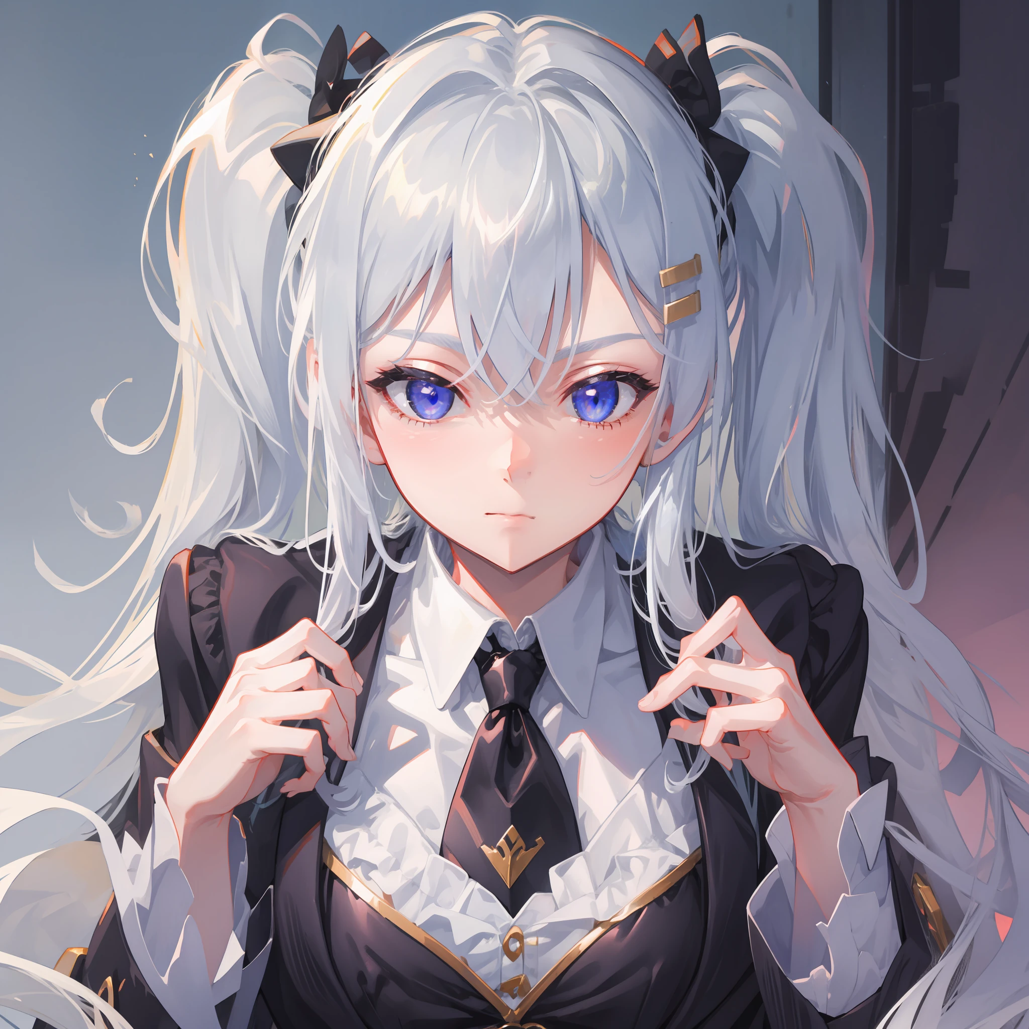Silver hair, blue eyes, twin tails, eye patch over left eye, very large breasts, black suit, tie, kime pose
