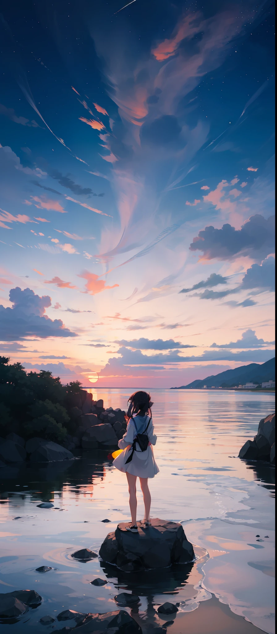 there is a woman standing on a rock in the water, girl watching sunset, looking at sunset, looking out at a sunset, watching the sun set. anime, watching the sunset, with a sunset, sunset kanagawa prefecture, at a beautiful sunset, beautiful girl on the horizon, with sunset, at sunrise, during sunrise, looking off into the sunset, during a sunset