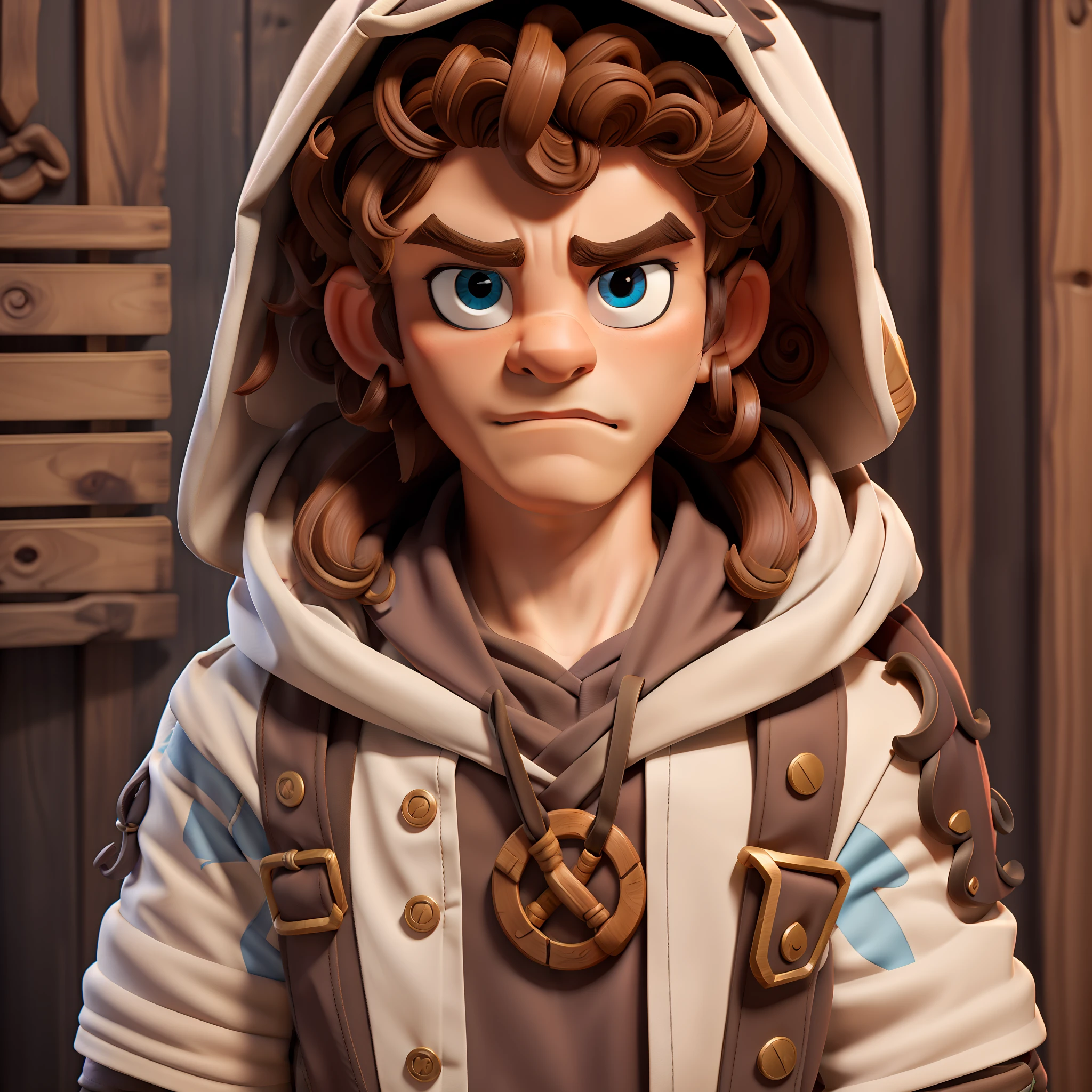 Curly haired brunette boy with hood and mask