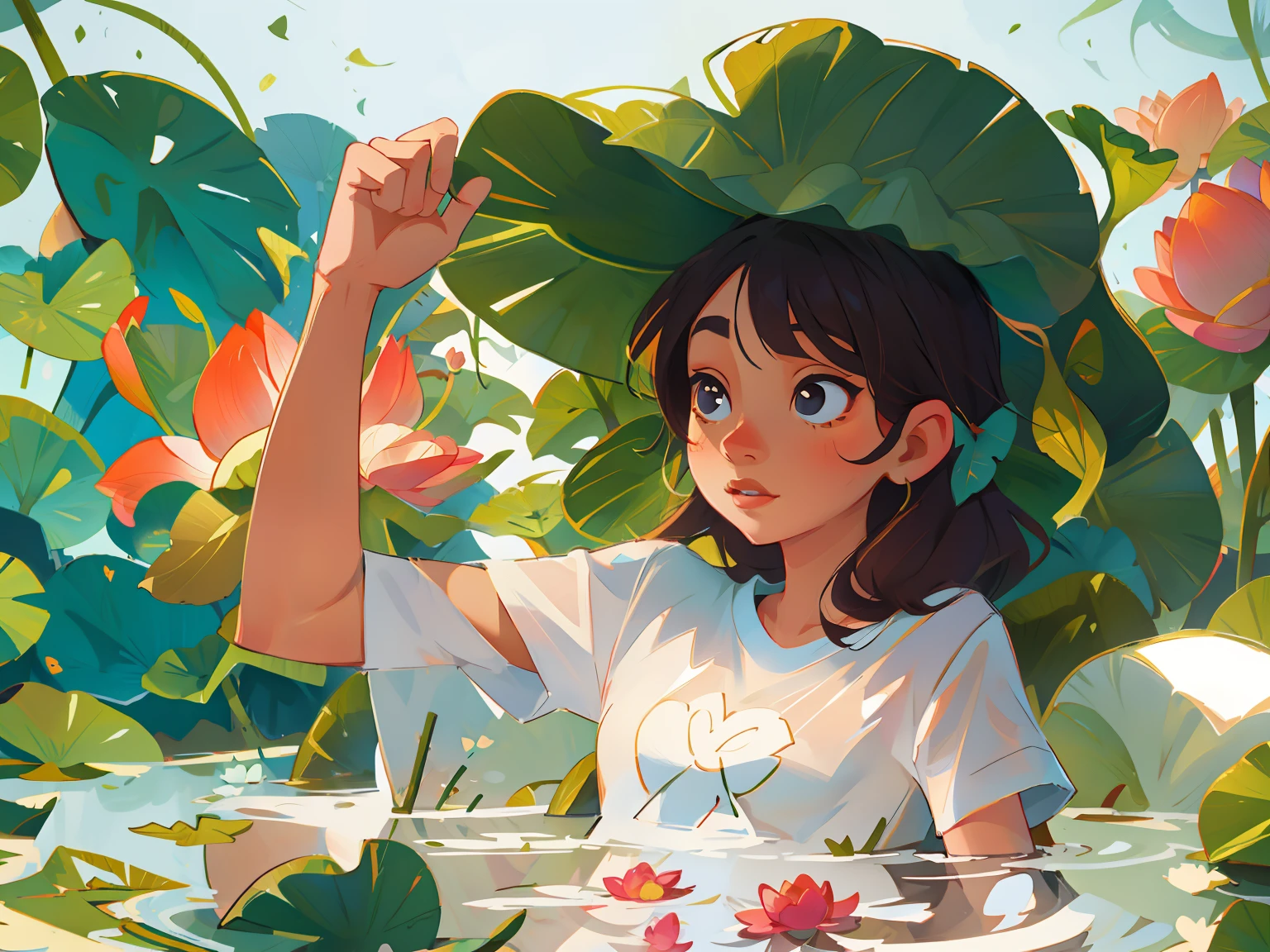 In the lotus pond, a girl wears a lotus leaf as a hat and a white T-shirt