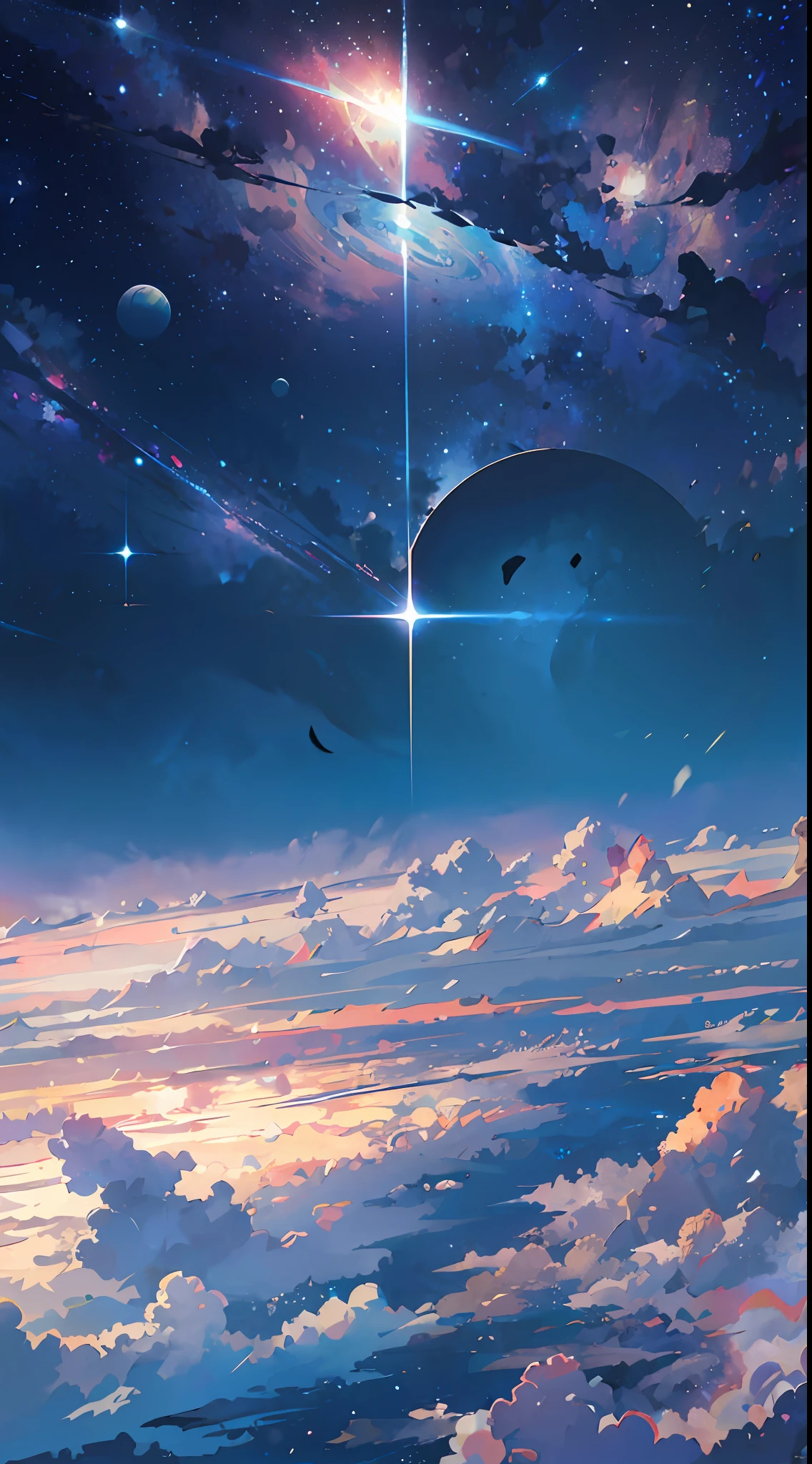 anime - style scene of a beautiful sky with a star and a planet, cosmic skies. by makoto shinkai, anime art wallpaper 4k, anime art wallpaper 4 k, anime art wallpaper 8 k, anime wallpaper 4k, anime wallpaper 4 k, 4k anime wallpaper, anime sky, amazing wallpaper, anime background, heaven planet in background, anime background art