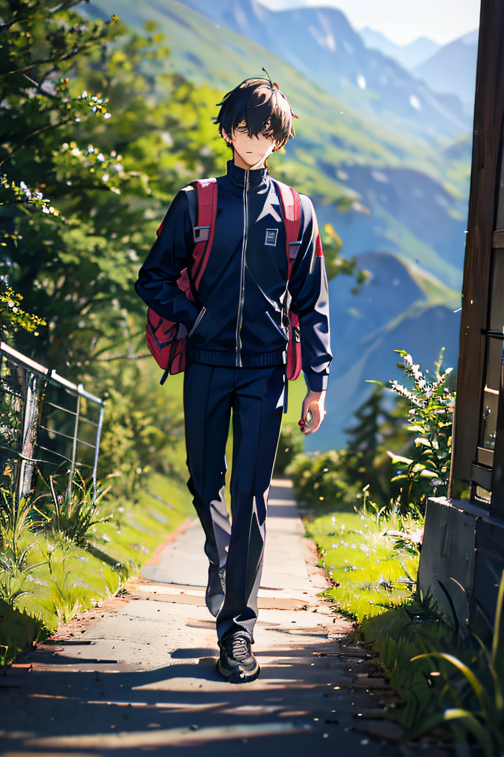 A male high school student, wearing a gray sports suit and carrying a backpack, walks on a mountain path