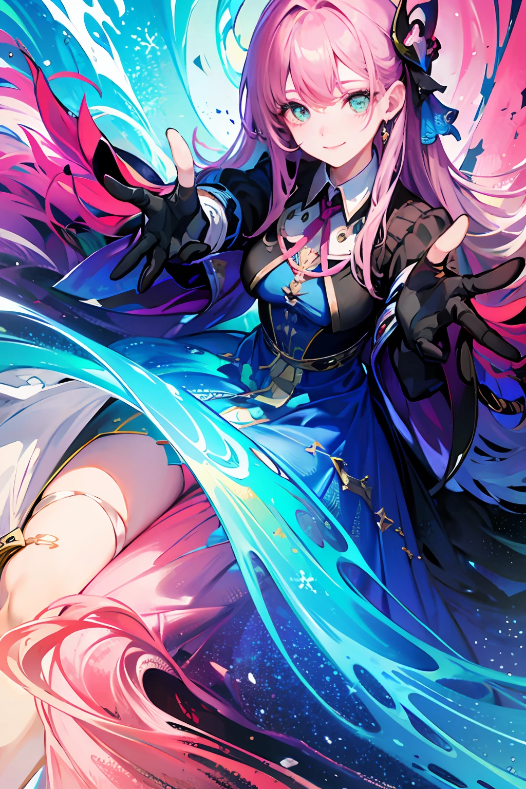 masterpiece, top quality, best quality, official art, (beautiful and aesthetic:1.3),extreme detailed,(fractal art:1.3),colorful, realistic style, official wallpaper, 1lady,looking at viewer, pretty,wearing dress, ribbon,green sparkle eyes, grey long hair mixed with pink, (from above),adult,no bare brests,blue, metal head ornament,gloves,pink watery face,uniform,long skirty,blue red gown,(hiding hands),smile,nardack,