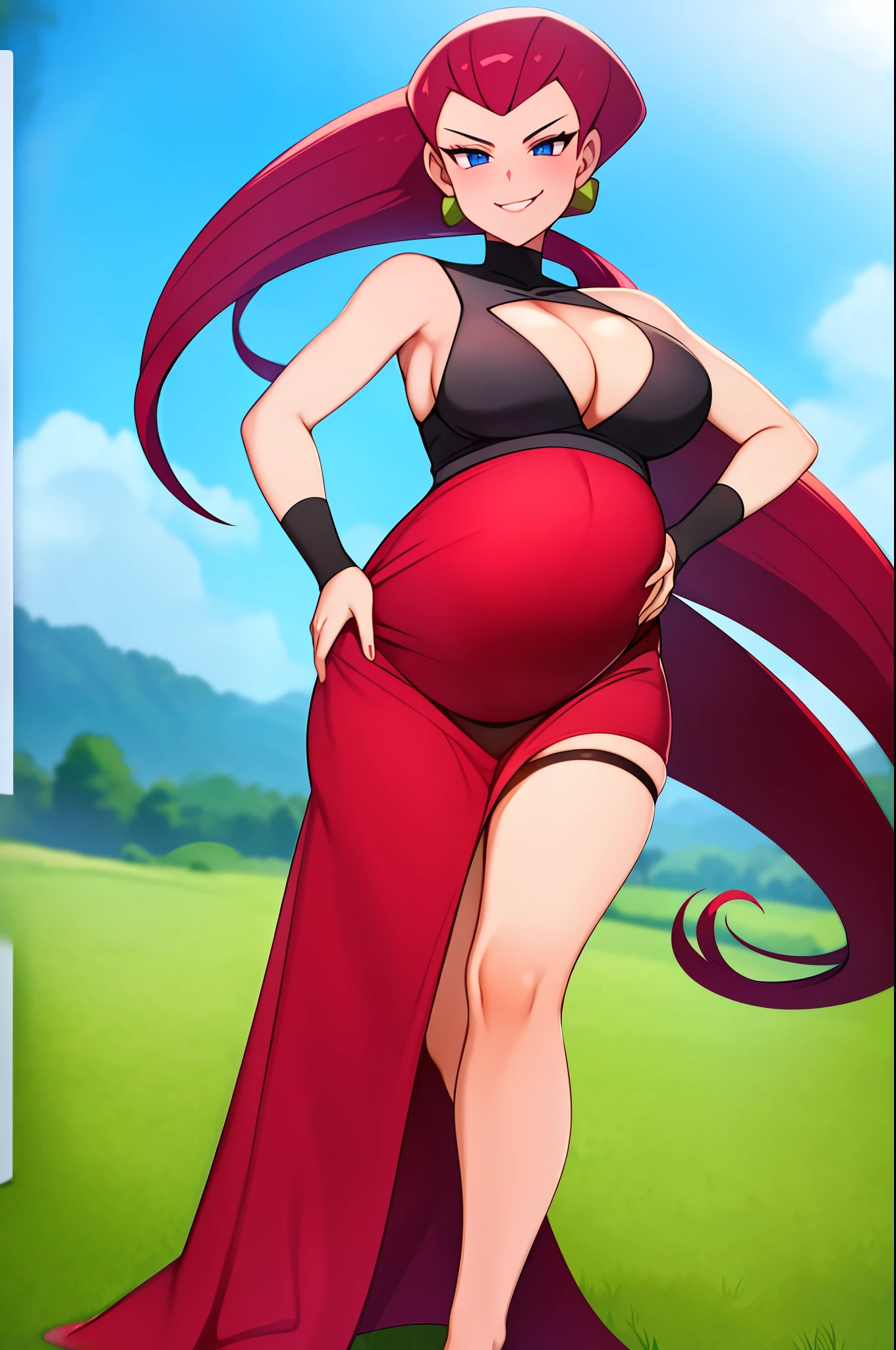 Solo, 1 girl, Woman, Jessie, Jessie from pokemon, long hair combed back, reddish hair, blue eyes, ambient lights, calm smile, wearing a long dress, long yellow dress, yellow dress, barefoot, in a field, outdoor, dress with cleavage, medium breasts, pregnant, blush, confident smile, lifting her skirt with both hands, skirt raised, showing her underwear, Black panties, lace panties, view from the ground, bottom view, winking, legs apart.