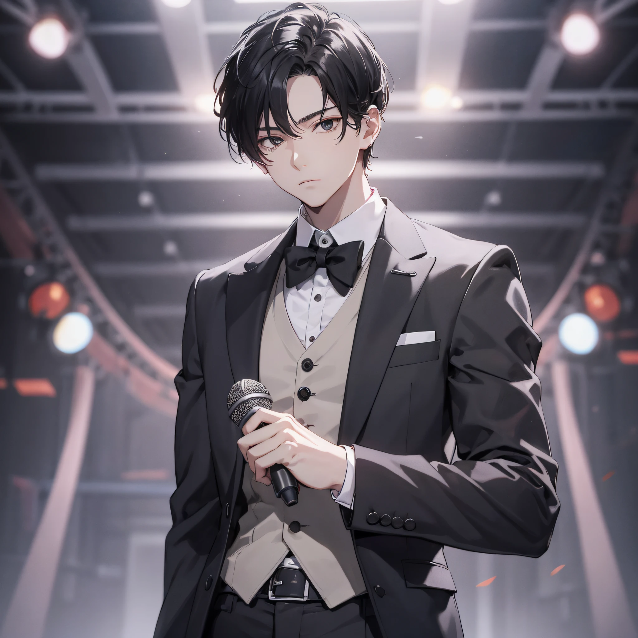 Ridiculous resolution, high resolution, (masterpiece: 1.4), hyper-detail, talk show stage, young man neat short black hair, black suit, holding a microphone, serious expression
