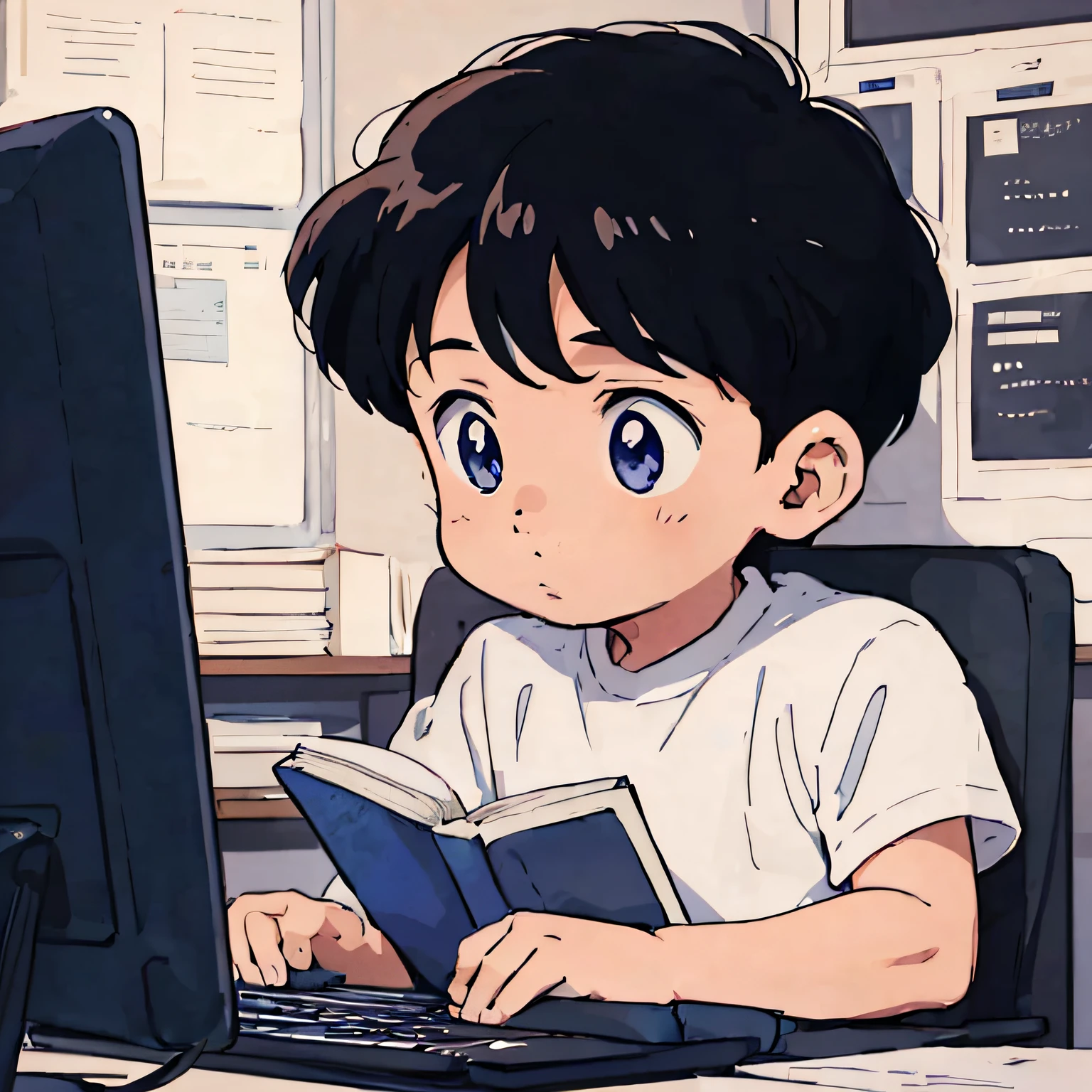 anime boy sitting at a desk with a computer and a book, lofi artstyle, in the art style of 8 0 s anime, in anime style, in an anime style, high quality anime artstyle, digital anime illustration, anime artstyle, japanese animation style, anime aesthetic, studying, anime art style, anime boy, anime picture, lofi art