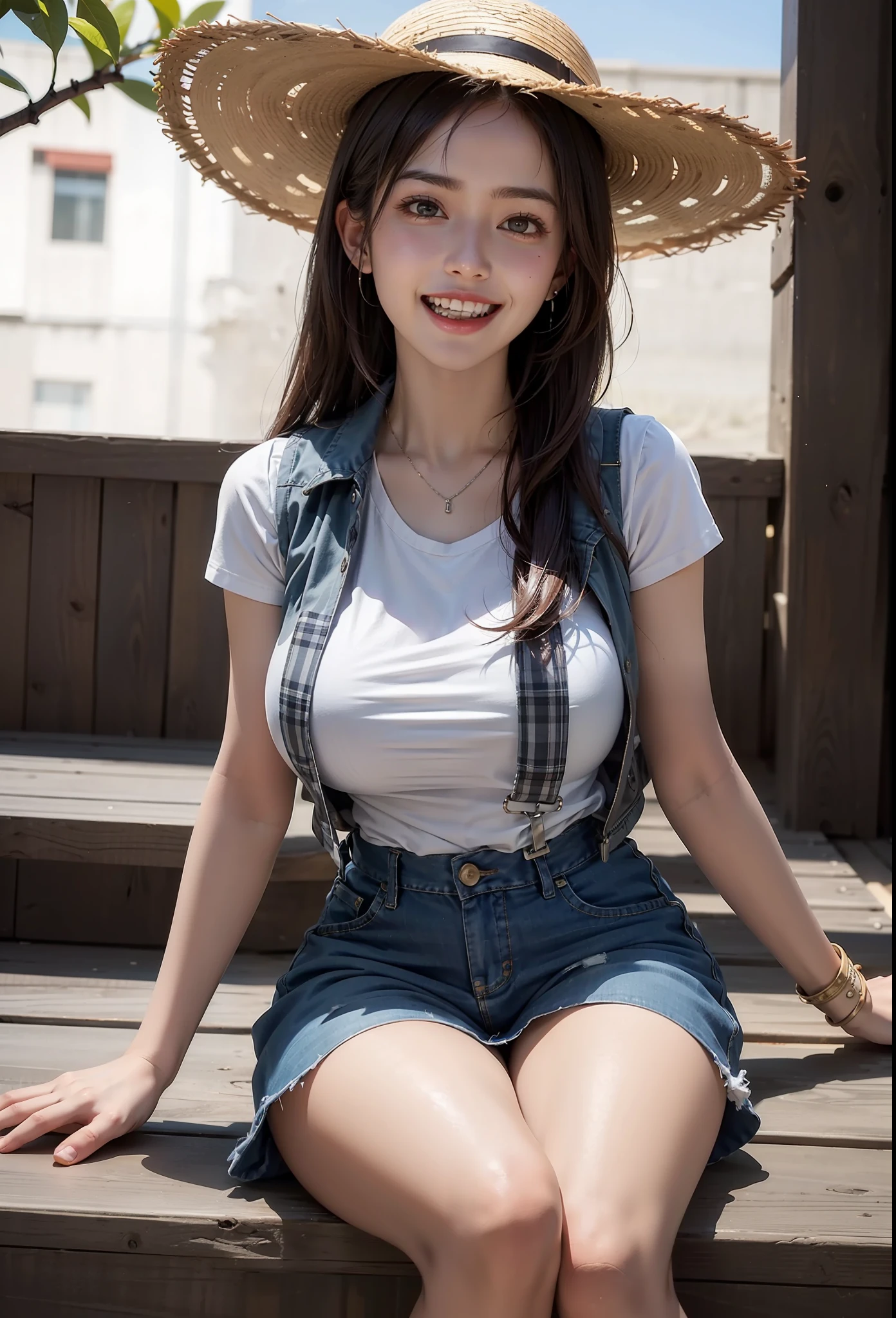 Vest, suspenders, 15-year-old beautiful girl, Tifa, ranch, straw hat, huge laughter, white and neat teeth,