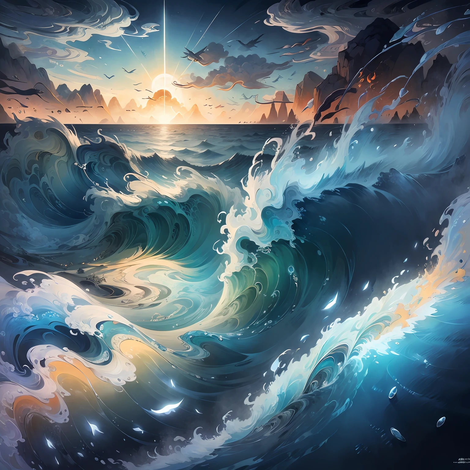 Endless sea surging waves, rivers, auspicious clouds, fried skewers rushing into the sea, sunlight, masterpiece, super detail, epic composition, ultra hd, high quality, extremely detailed, official art, unified 8k wallpaper, super detail, 32k