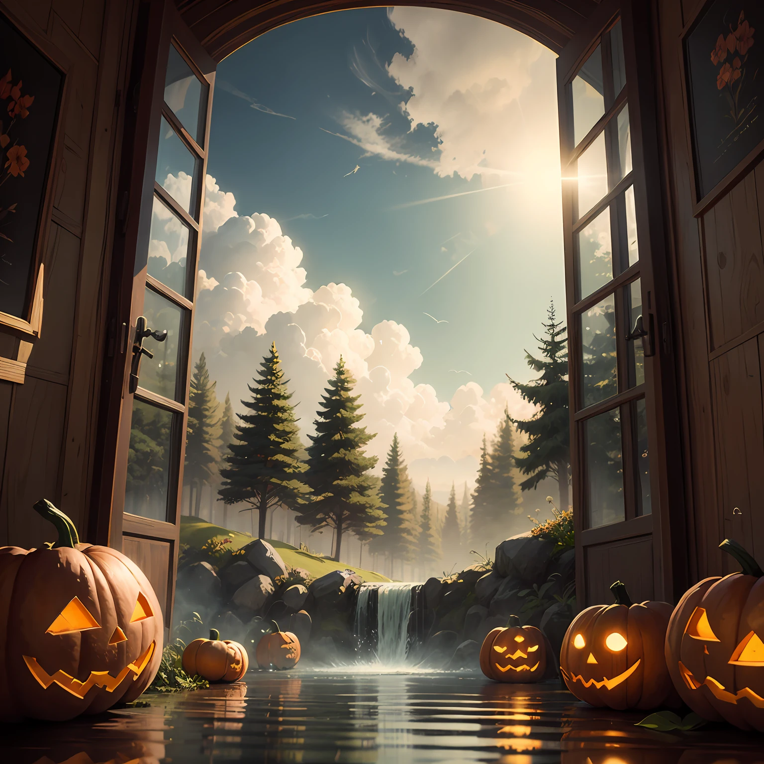 Halloween poster, forest bells, clouds, spring water, real ray tracing