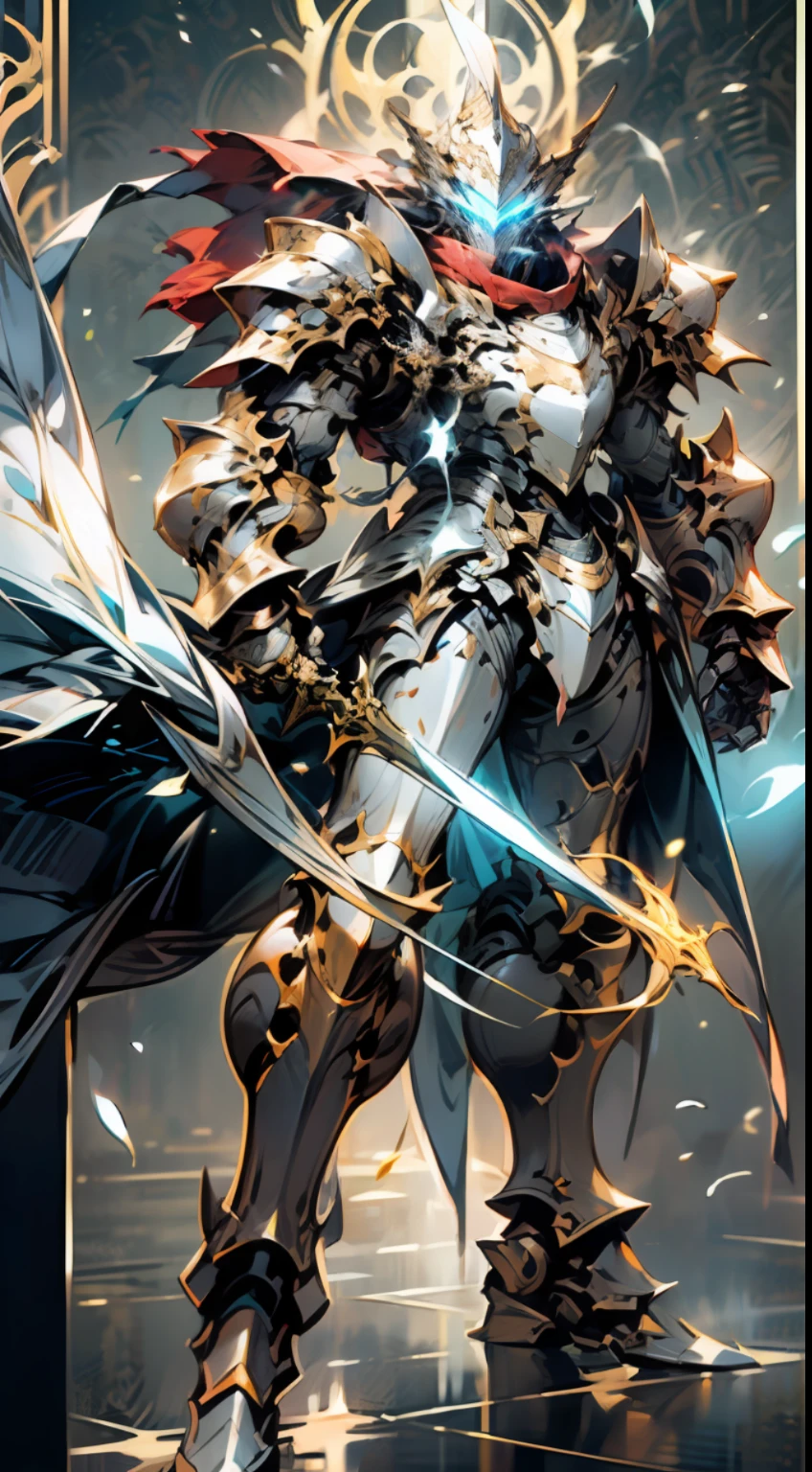 (Realism, photo fidelity: 1.3), (lens focal length: 35mm), backlight, a knight, luxurious and exquisite shape, mecha holding a golden glowing wide and heavy armor sword in both hands, red scarf swaying in the wind, knight's eyes with blue flame light, battle posture drawing