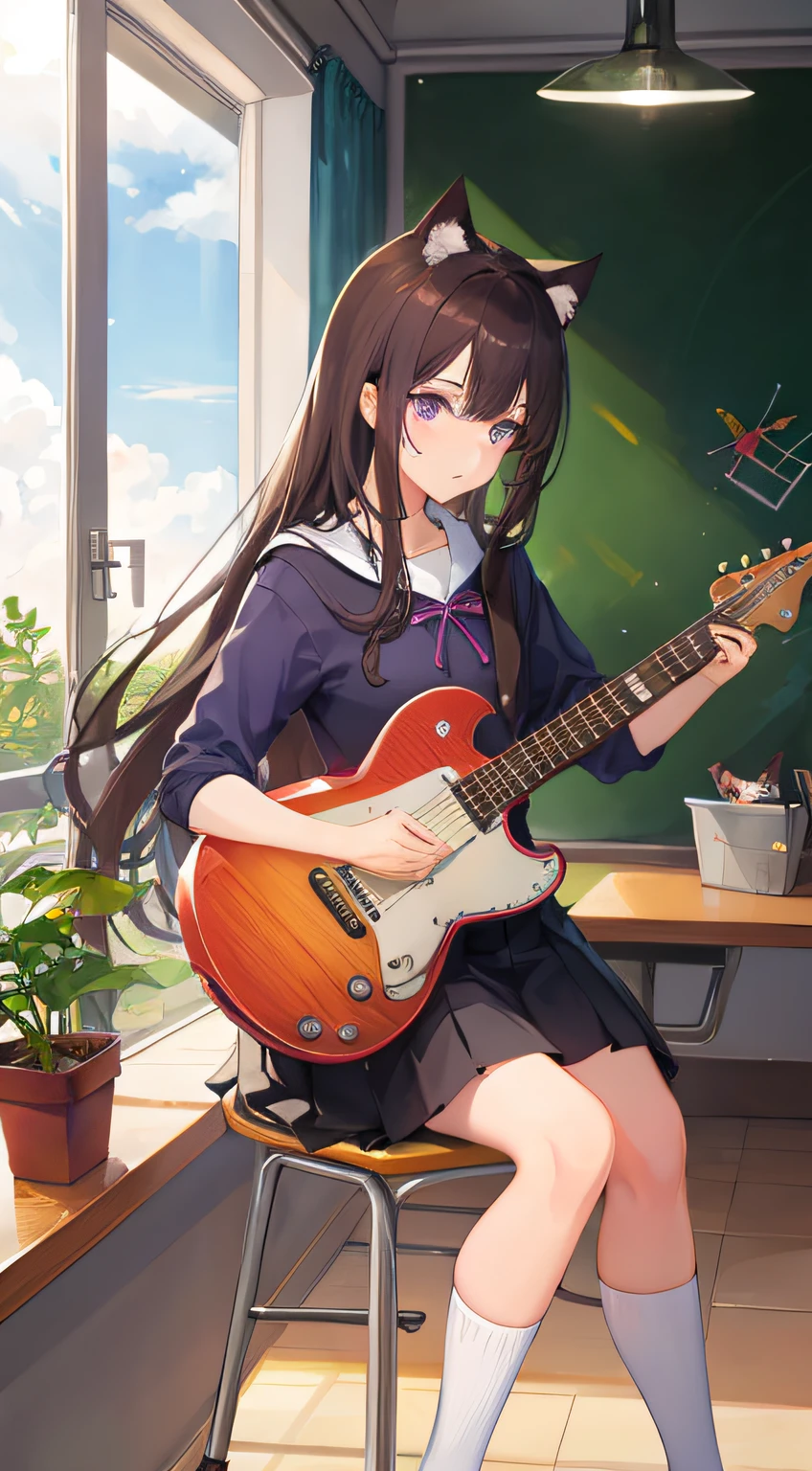 masterpiece, best quality, high resolution, solo, purple eyes, kahuka 1, guitar, musical instrument, 1 girl, solo, plant, cat, potted plant, electric guitar, classroom, sitting, full fingers