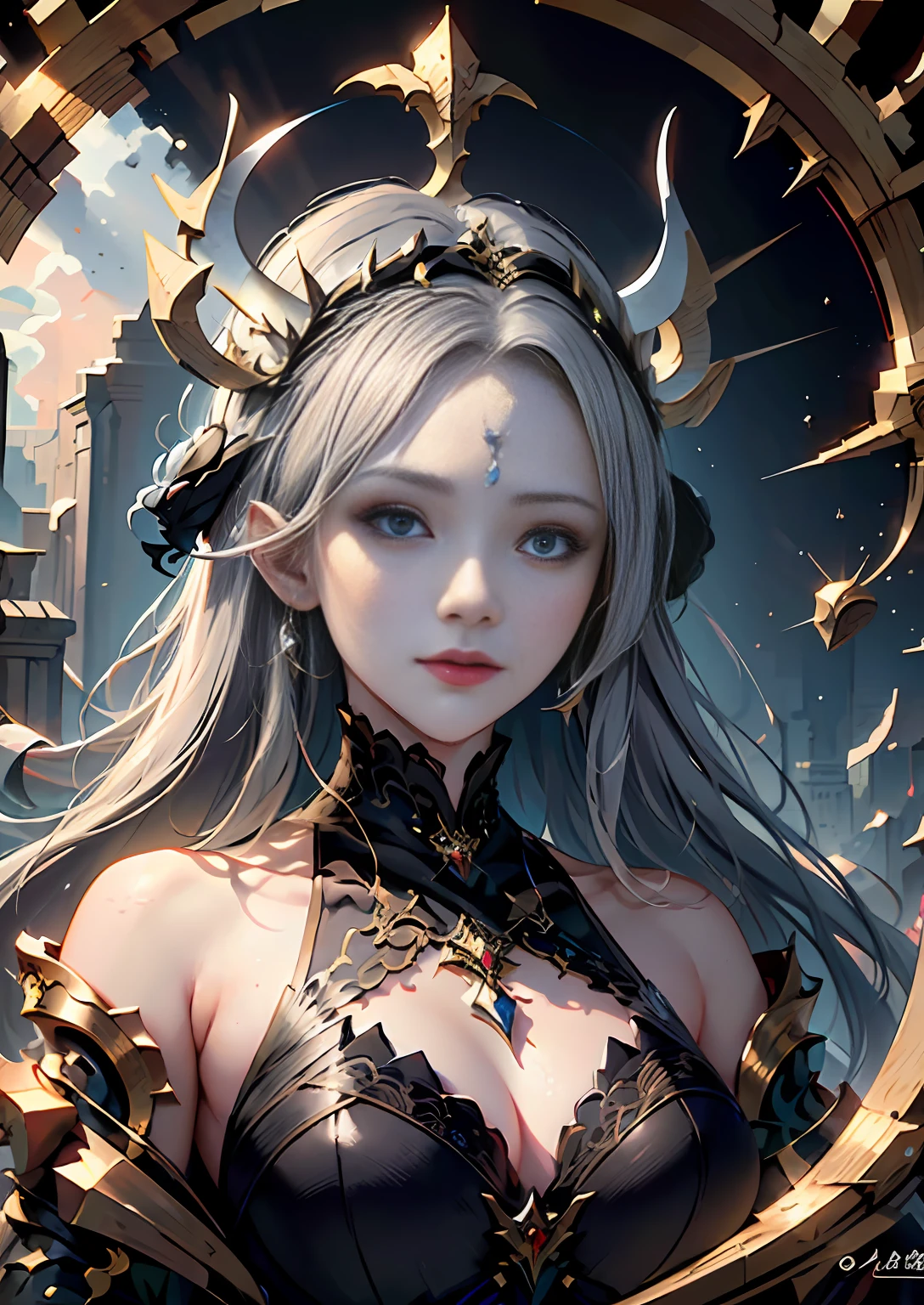 Masterpiece, golden, best quality, ultra-detailed, enchanting facial features, black damask lace, dark painting style,a closeup portrait of a Evil goddess, long hair, celestial