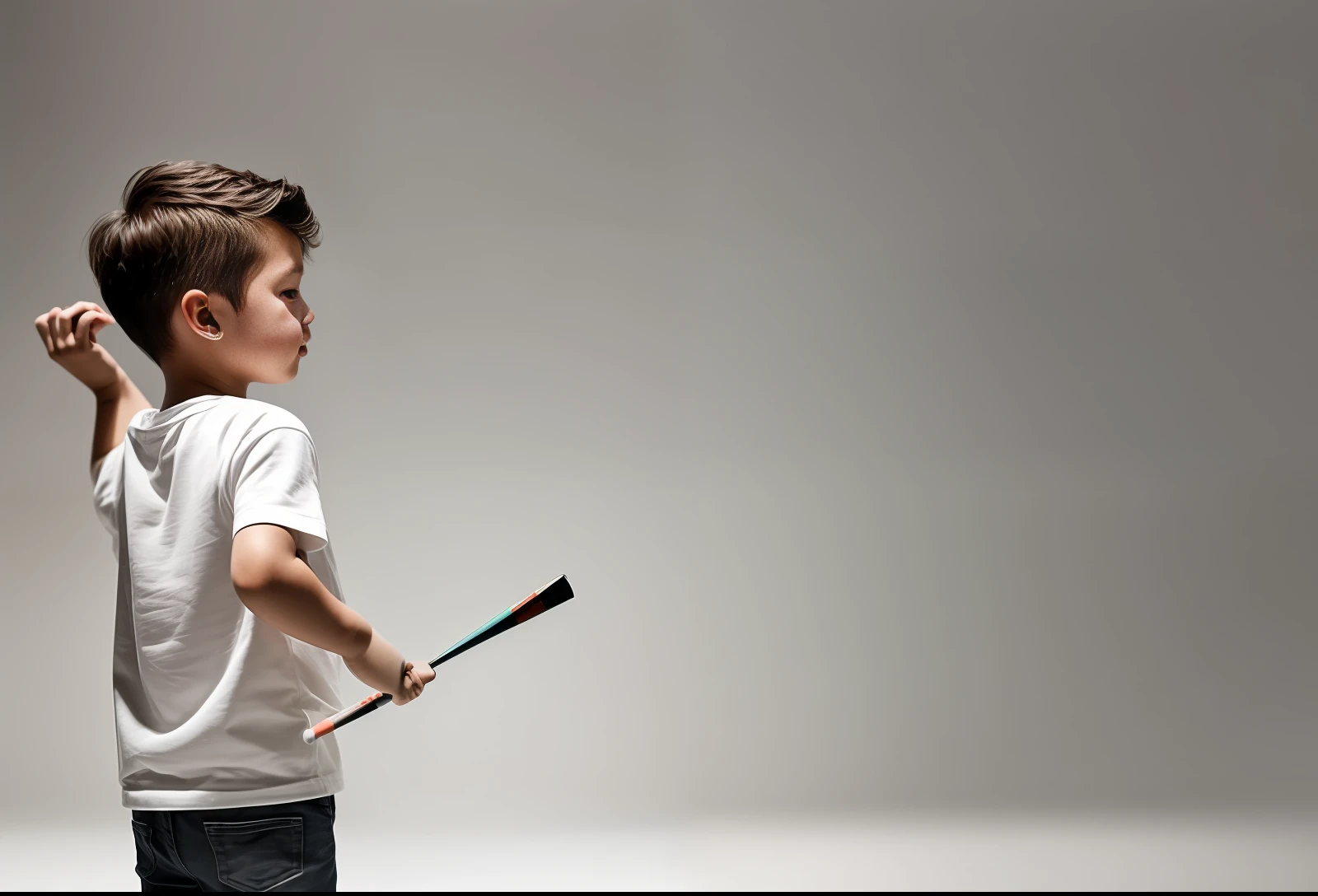 There is a little boy standing in a white room, dartboard, high quality photo, young blonde boy, perspective lens, taken on Sony A 7 III, high quality photo, global clarity