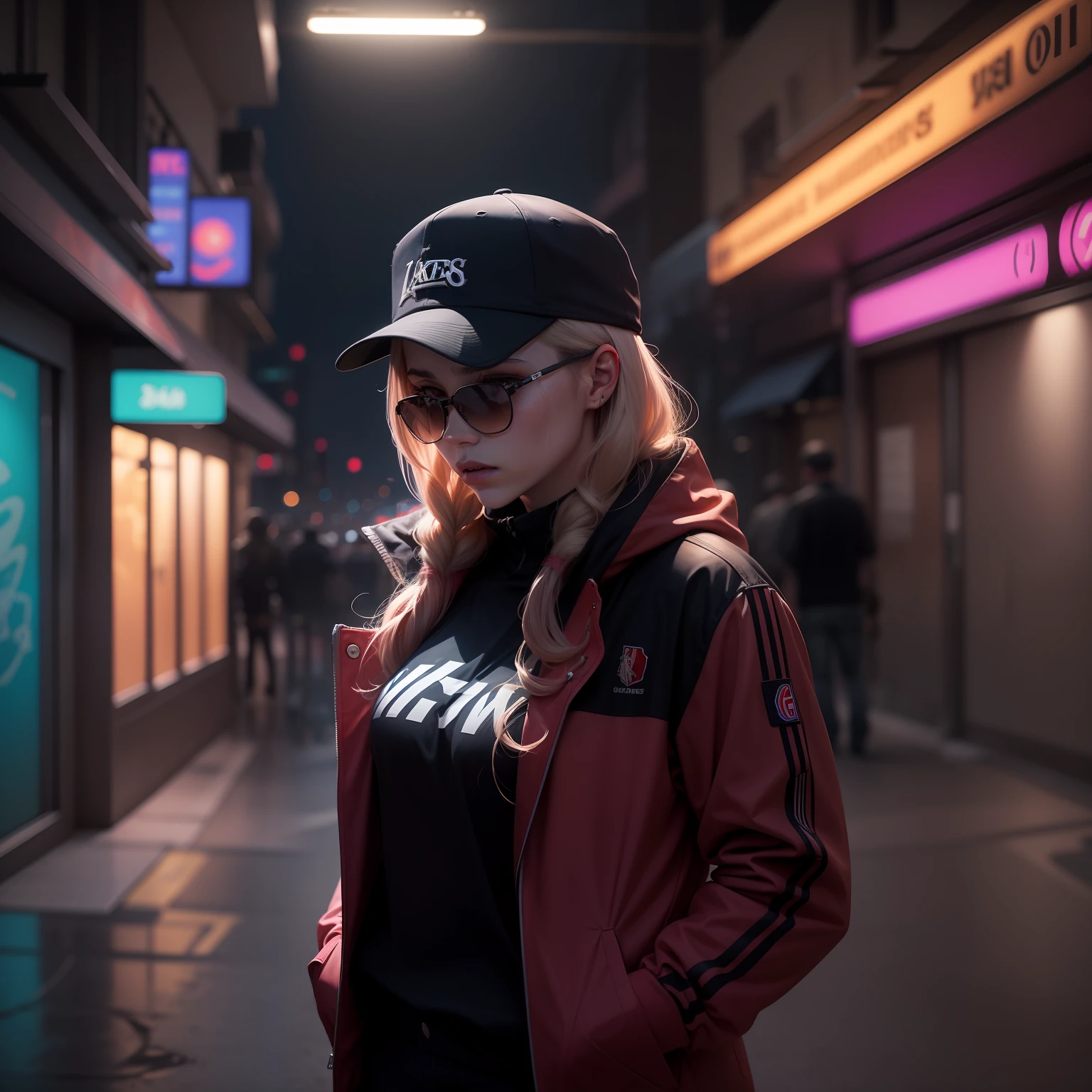 "A woman, with an attractive body, in a basquet jacket with the colors of the Lakers, cap and sunglasses, standing at a deserted night club. The environment is dark, with lighting that highlights the shadows. The scene conveys an intense sense of loneliness and isolation. Music equipment and distant lights are obscured by the night, producing trails of colorful and vibrant lights in the background. The camera is positioned at a dynamic angle, as if it were a film shot, giving a sense of action and suspense."