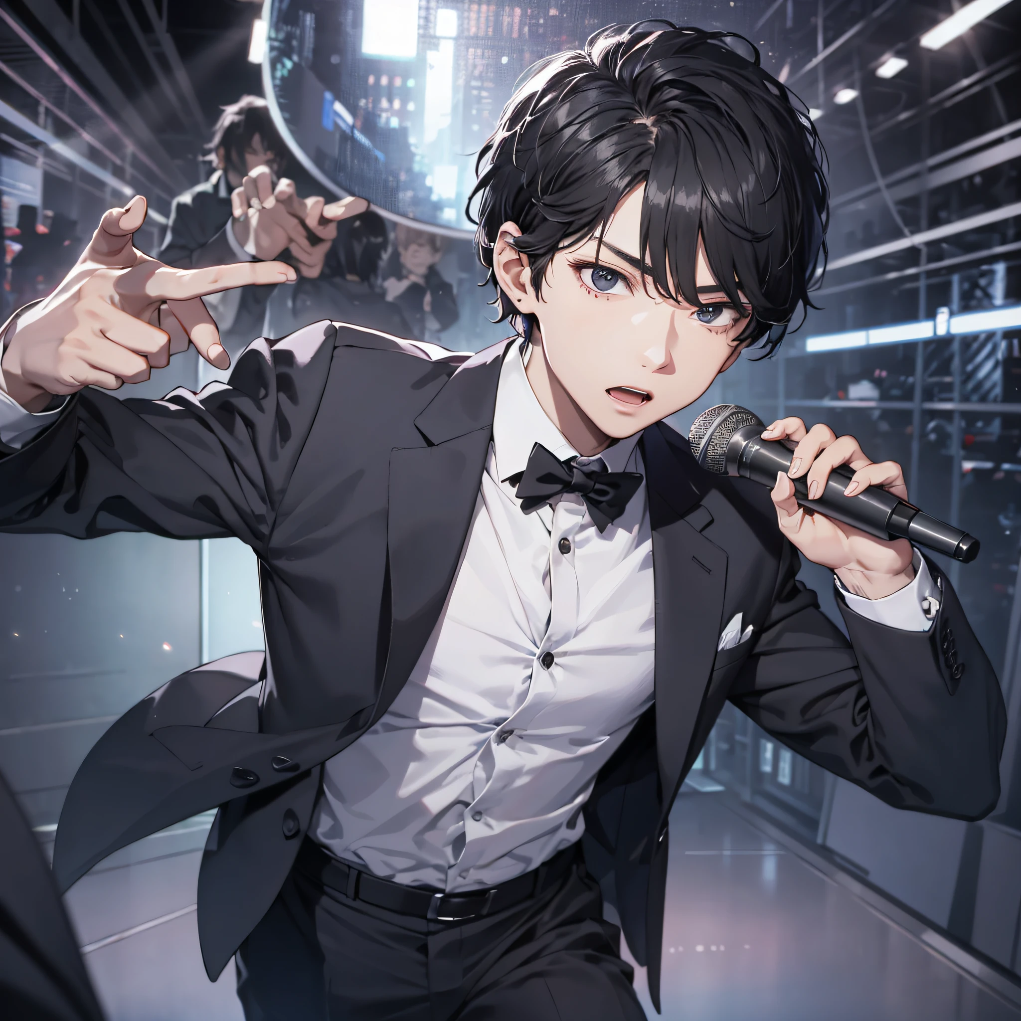 Ridiculous resolution, high resolution, (masterpiece: 1.4), hyper-detail, talk show stage, young man neat short black hair, black suit, holding a microphone, serious expression