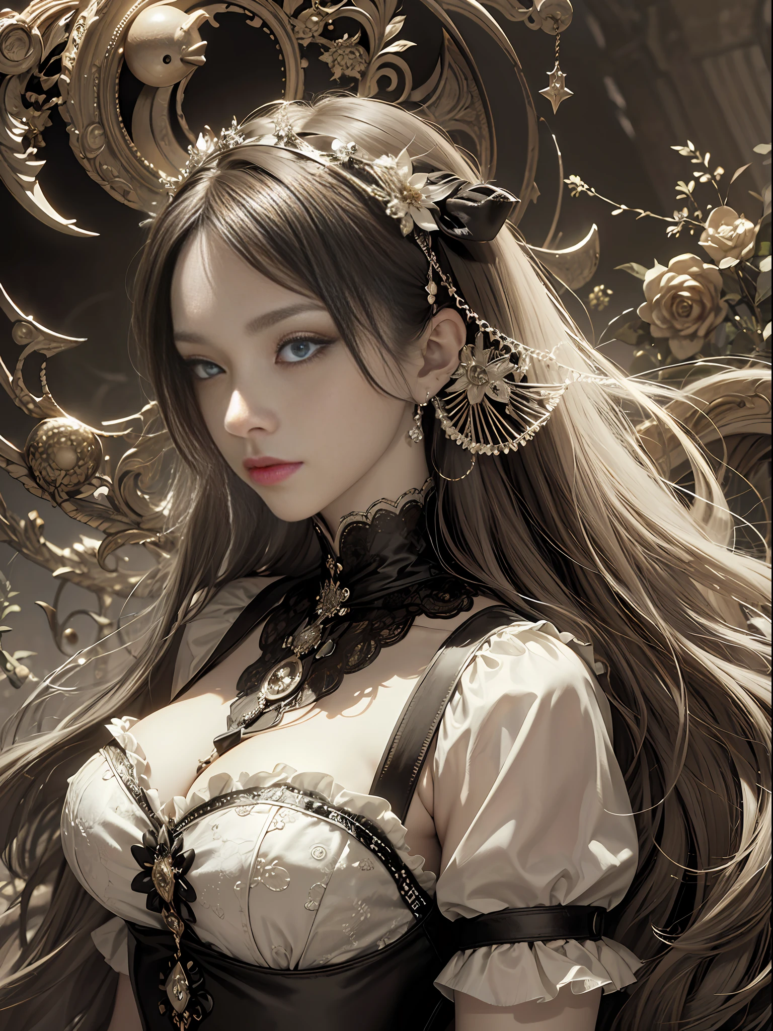 (Pure Color: 0.9), (Color: 1.1), (Masterpiece: 1,2), Top Quality, Masterpiece, High Resolution, Original, Highly Detailed Wallpaper, Beauty, Victorian, Dress, Melancholy, Big Breasts, Sepia Color, 40 years old --auto --s2