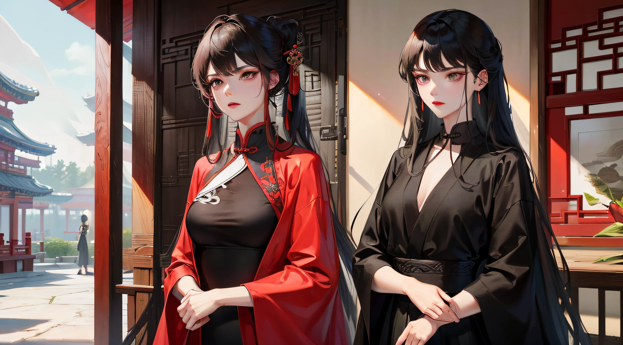 Masterpiece, Best, Courtyard, Standing, Chinese Style, Ancient China, 1 Woman, Mature Woman, Woman with Long Black Hair, Black Eyes, Pale Pink Lips, Serious, Bangs, Assassin, Red Robe, Red and Black Clothing, Delicate Face, Delicate Face, Delicate Eyes,