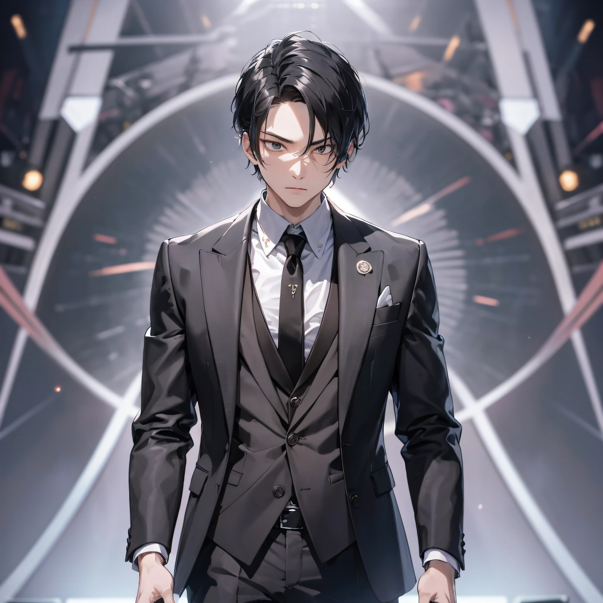 Ridiculous resolution, high resolution, (masterpiece: 1.4), hyper-detail, talk show stage, young man neat short black hair, black suit, holding a microphone, serious expression