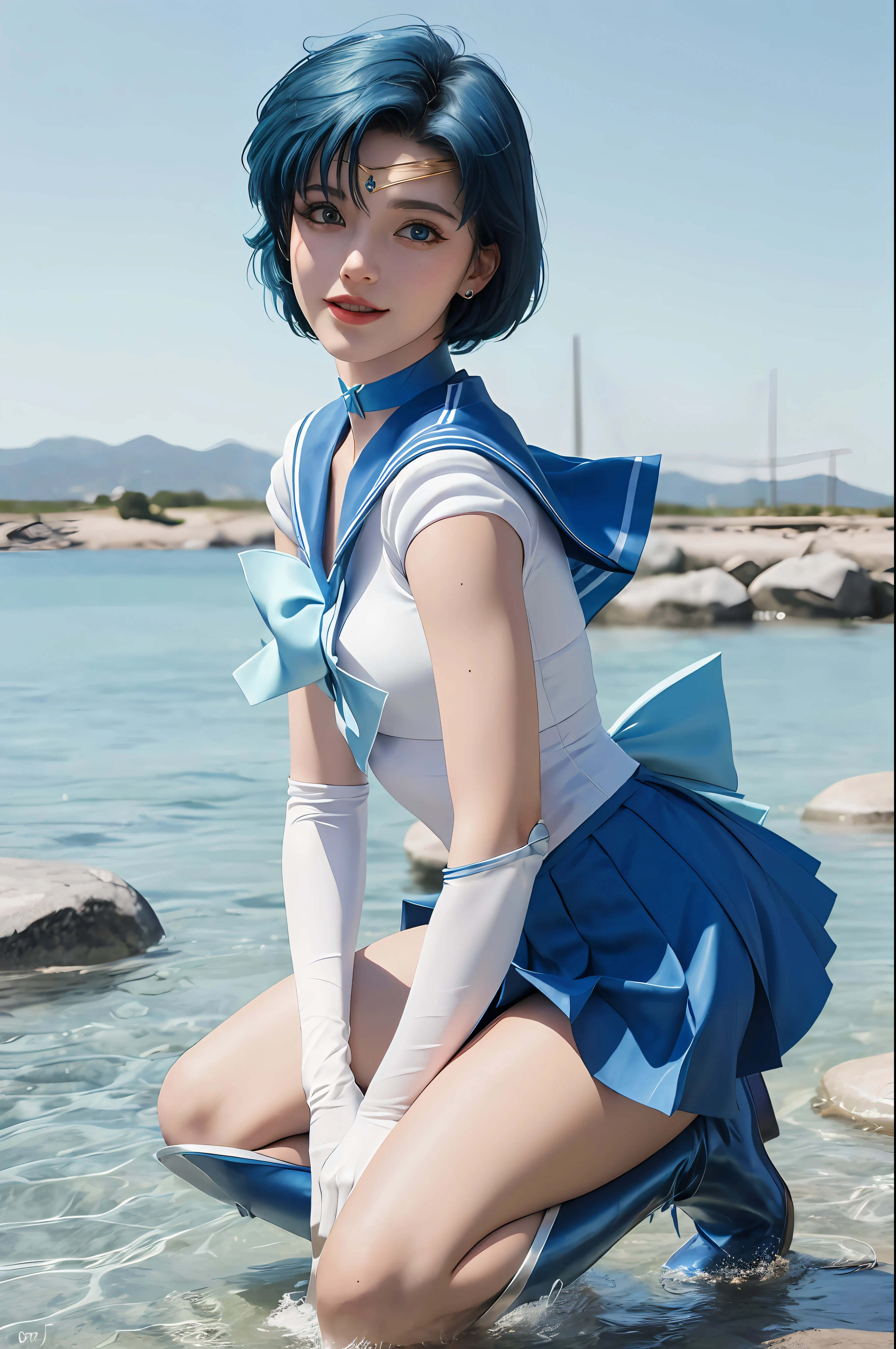 1girl, smile, delicate facial features, breasts, gloves, lips, solo, sailor mercury, blue eyes, smuniform, mer1, tiara, sailor senshi uniform, (RAW photo, best quality), masterpiece, ridiculous, sexy, floating short blue hair, blue sailor collar, bow, (over-the-knee boots: 1.1), choker, white gloves, Blue choker, elbow gloves, jewelry, earrings, blue skirt, sole, full body, blue hair, (perfect hand drawn): 3.8, octane rendering, water god,