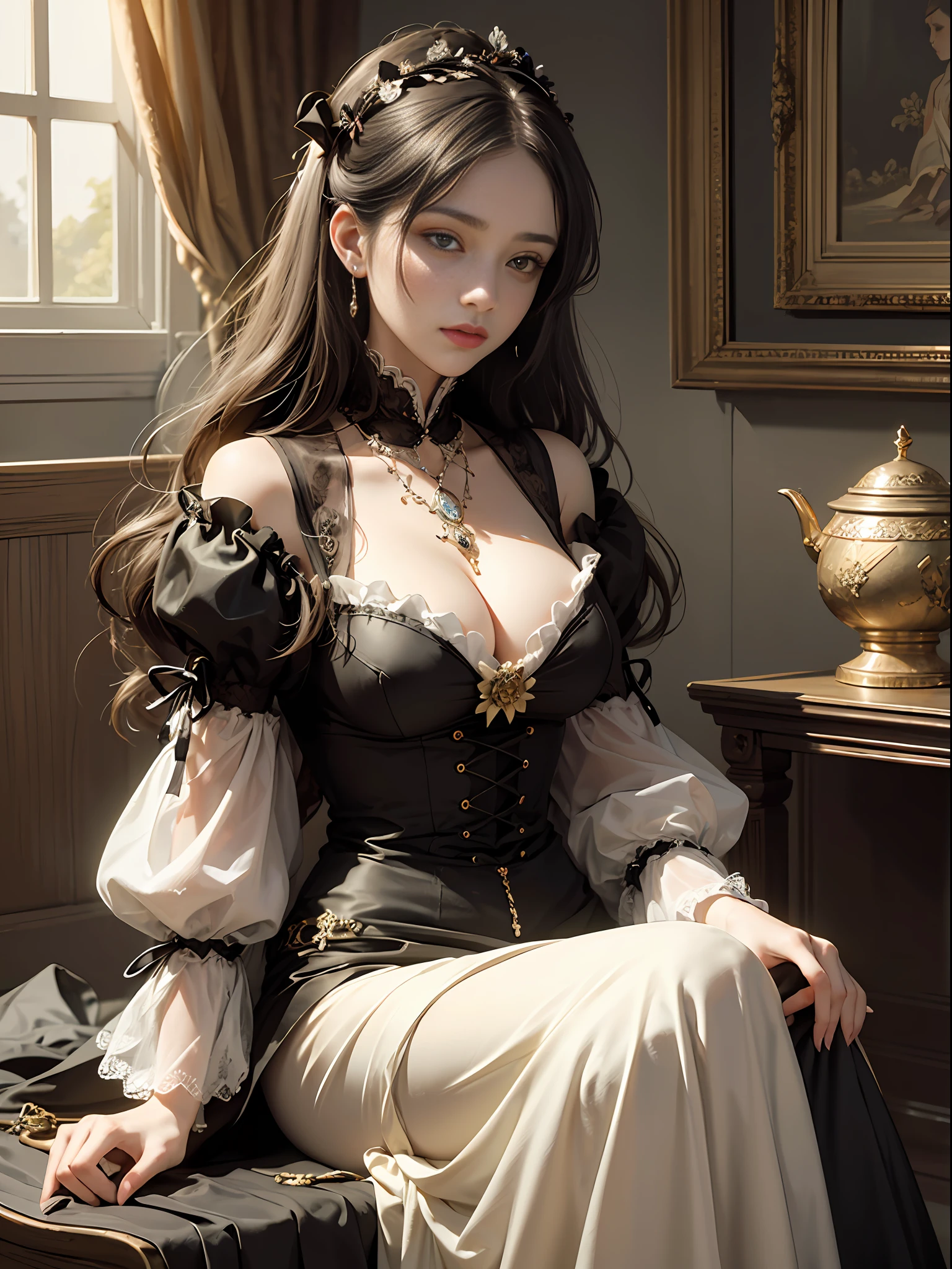 (Pure Color: 0.9), (Color: 1.1), (Masterpiece: 1,2), Top Quality, Masterpiece, High Resolution, Original, Highly Detailed Wallpaper, Beauty, Victorian, Dress, Melancholy, Big Breasts, Sepia Color, 40 years old --auto --s2