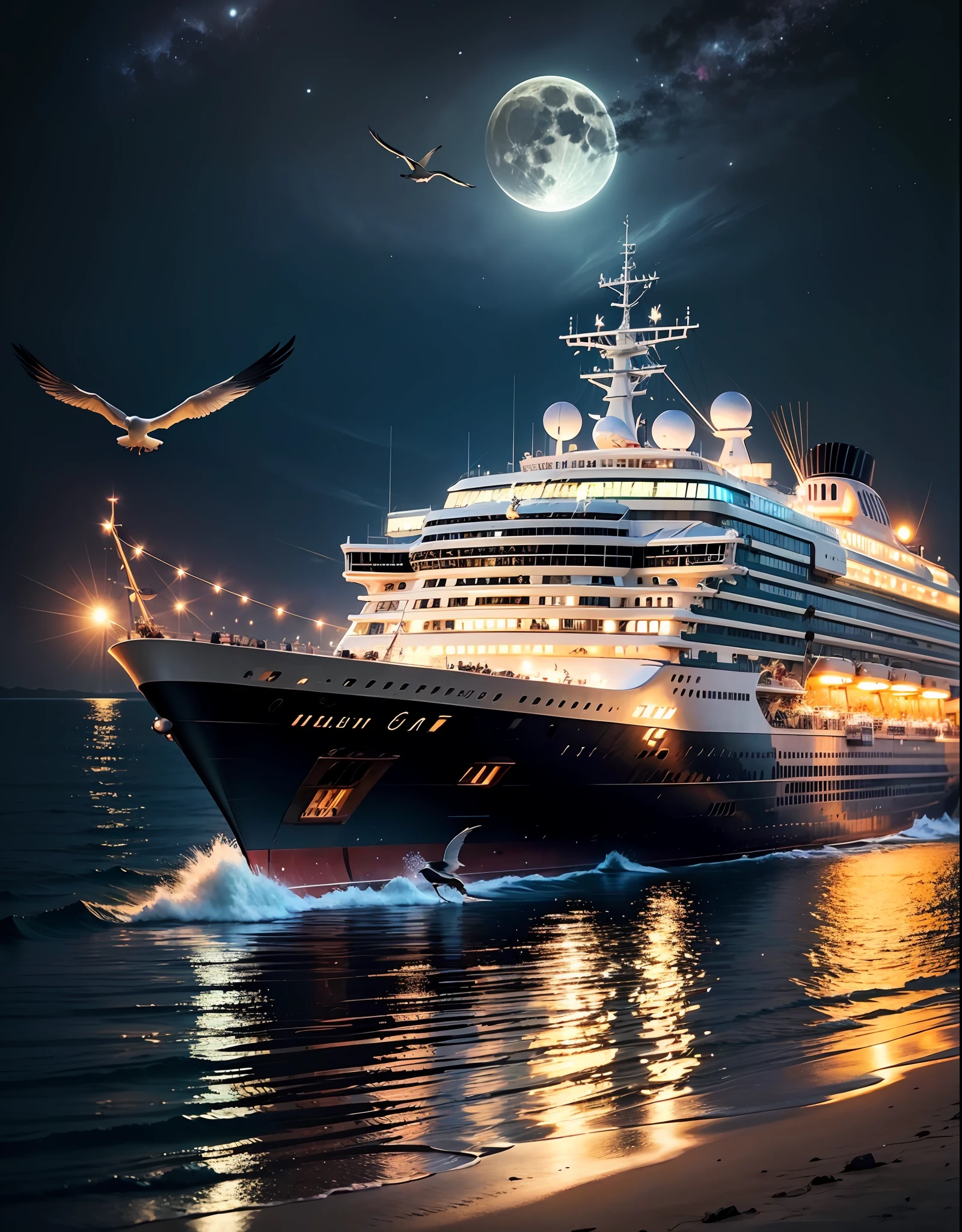 Night, the sea, a line of seagulls, a small cruise ship in the distance, sea level, bright moon --auto