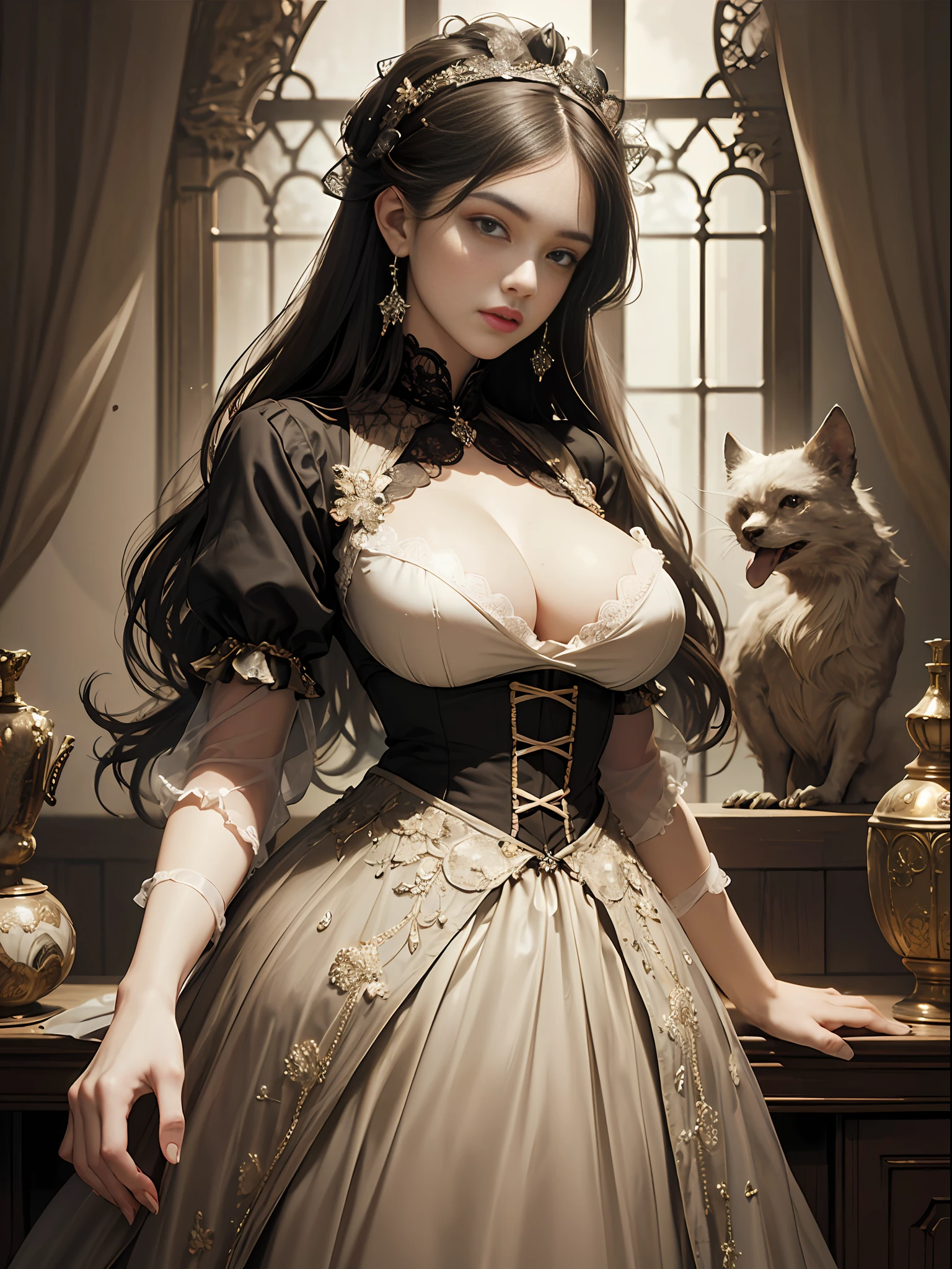 (Pure Color: 0.9), (Color: 1.1), (Masterpiece: 1,2), Top Quality, Masterpiece, High Resolution, Original, Highly Detailed Wallpaper, Beauty, Victorian, Dress, Melancholy, Big Breasts, Sepia Color, 40 years old --auto --s2