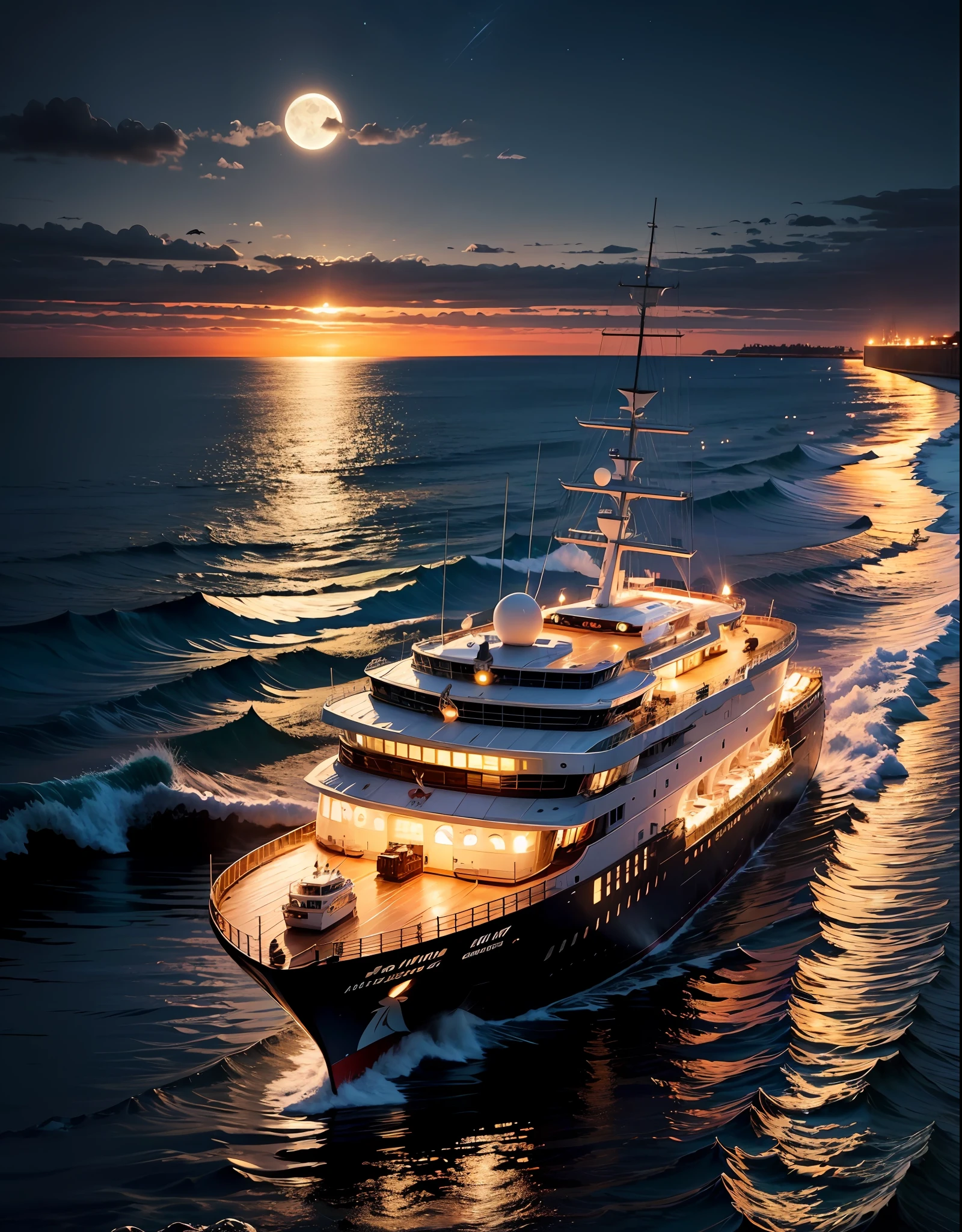 Night, the sea, a line of seagulls, a small cruise ship in the distance, sea level, bright moon --auto