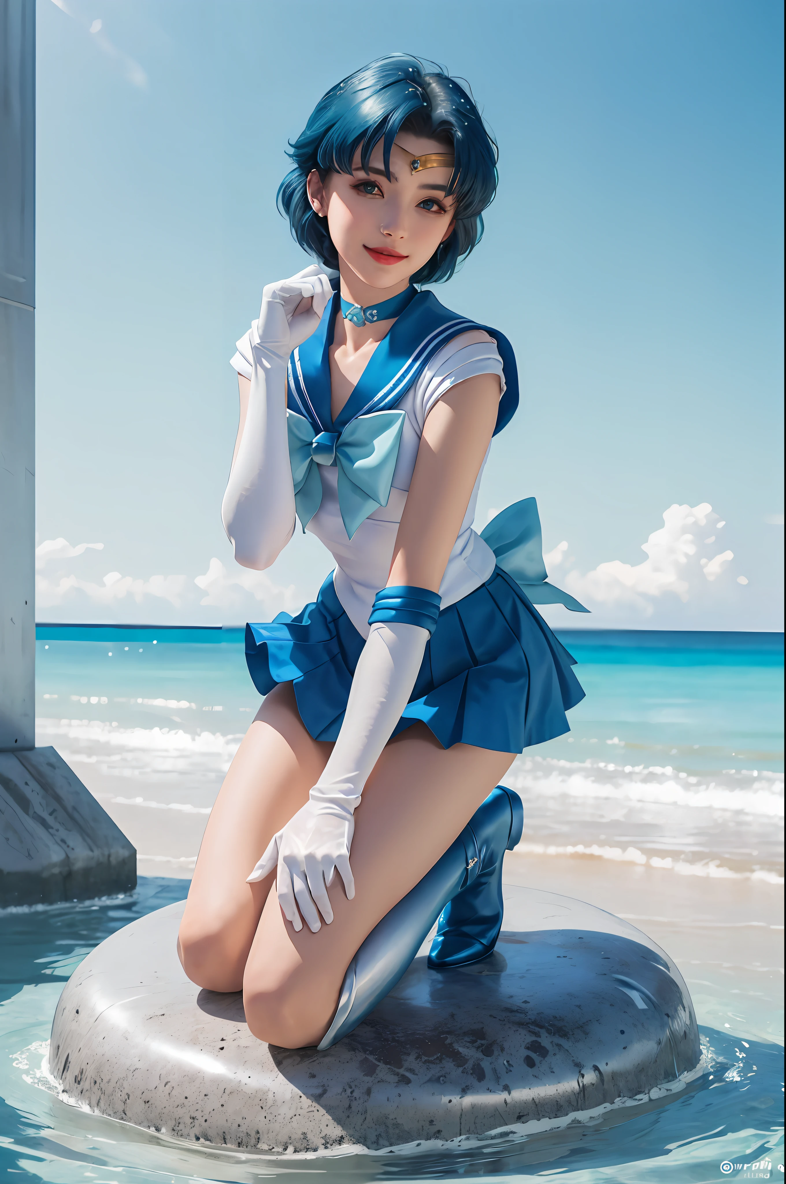 1girl, smile, delicate facial features, breasts, gloves, lips, solo, sailor mercury, blue eyes, smuniform, mer1, tiara, sailor senshi uniform, (RAW photo, best quality), masterpiece, ridiculous, sexy, floating short blue hair, blue sailor collar, bow, (over-the-knee boots: 1.1), choker, white gloves, Blue choker, elbow gloves, jewelry, earrings, blue skirt, sole, full body, blue hair, (perfect hand drawn): 3.8, octane rendering, water god,