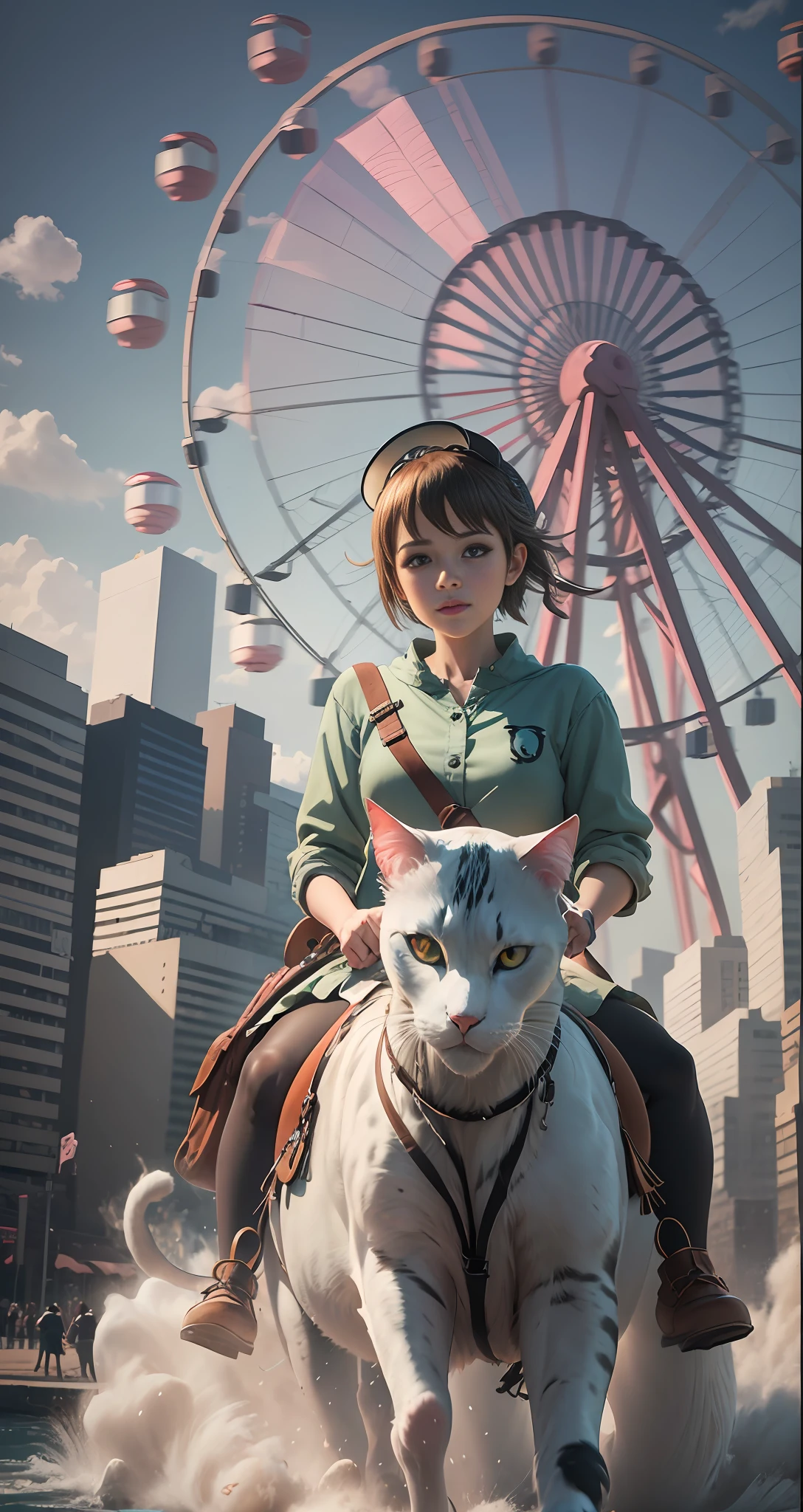 (Anime Girls in front of the Ferris wheel), (riding Turkish Van cat, Big eyes cat, Big head cat, Fluffiest cat), Makoto Shinkai, Octane Render, Makoto Shinkai, and Bioware. Digital rendering, realistic anime 3D style, Guvez style artwork