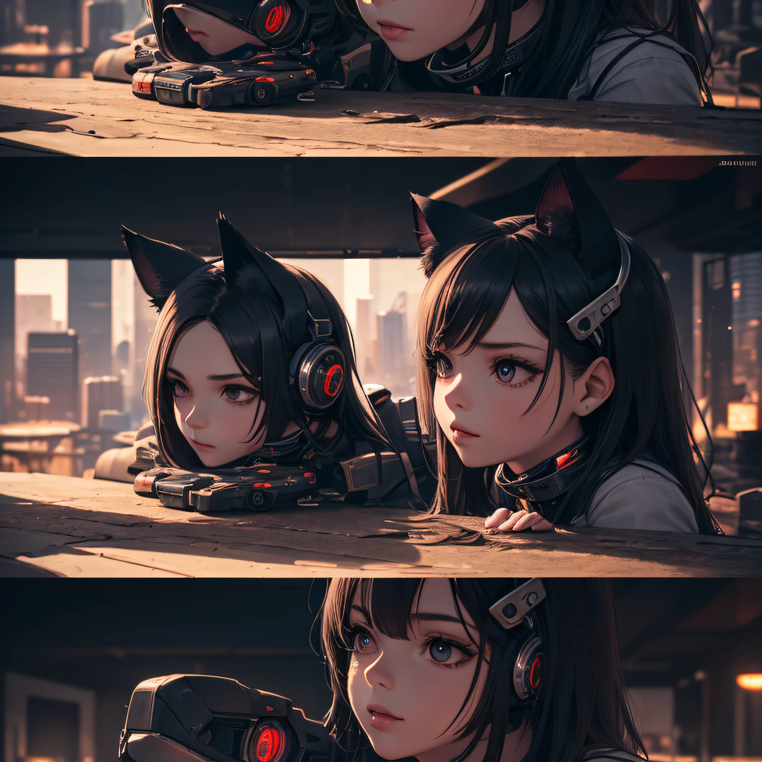 ((metal)),kid girl with long metal hair,((cyborg))), cat ears, cyberpunk style,(((complex details)),hdr,(complex details, ultra detail)))), cinematic shot, vignette --auto