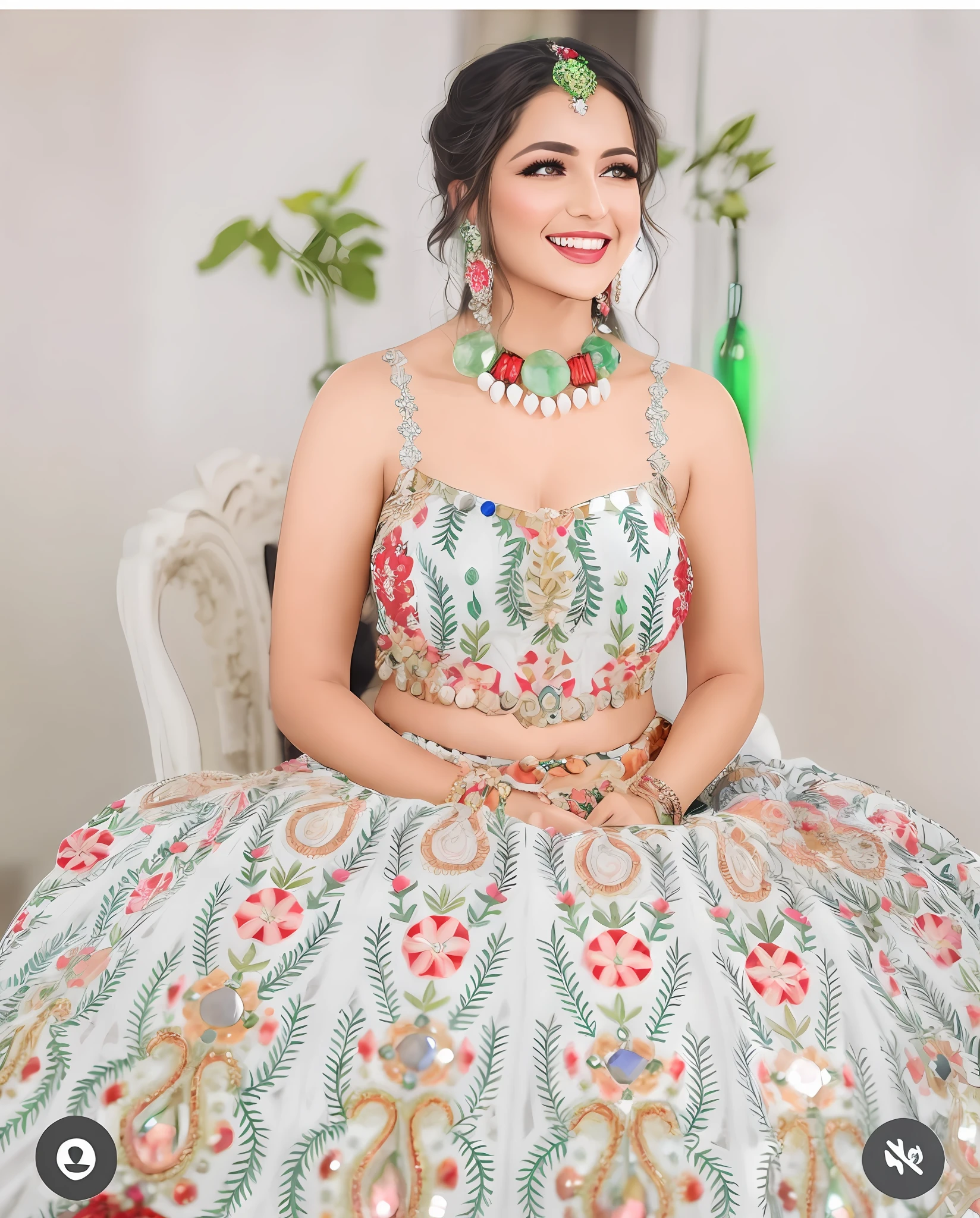 a woman in a white dress sitting on a chair with a green and red necklace, intricate outfit, wearing an ornate outfit, wearing an elegant tribal outfit, adorned with precious stones, covered in jewels, traditional beauty, detailed and bright, with intricate details, with colourful intricate, wearing a dress made of beads, * colour splash *, details galore, intricate set, floral couture, big boobs,