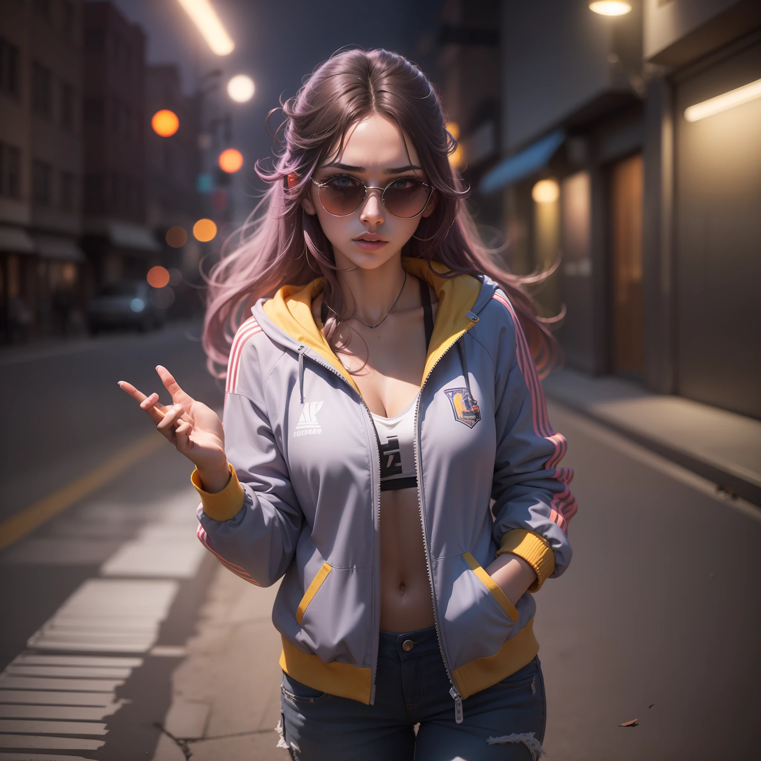 "A woman, attractive-bodied, in a Lakers-colored basquet jacket, sunglasses, chewing gum, standing at a deserted nightclub. The environment is dark, with lighting that highlights the shadows. The scene conveys an intense sense of loneliness and isolation. Music equipment and distant lights are obscured by the night, producing trails of colorful and vibrant lights in the background. The camera is positioned at a dynamic angle, as if it were a film shot, giving a sense of action and suspense."