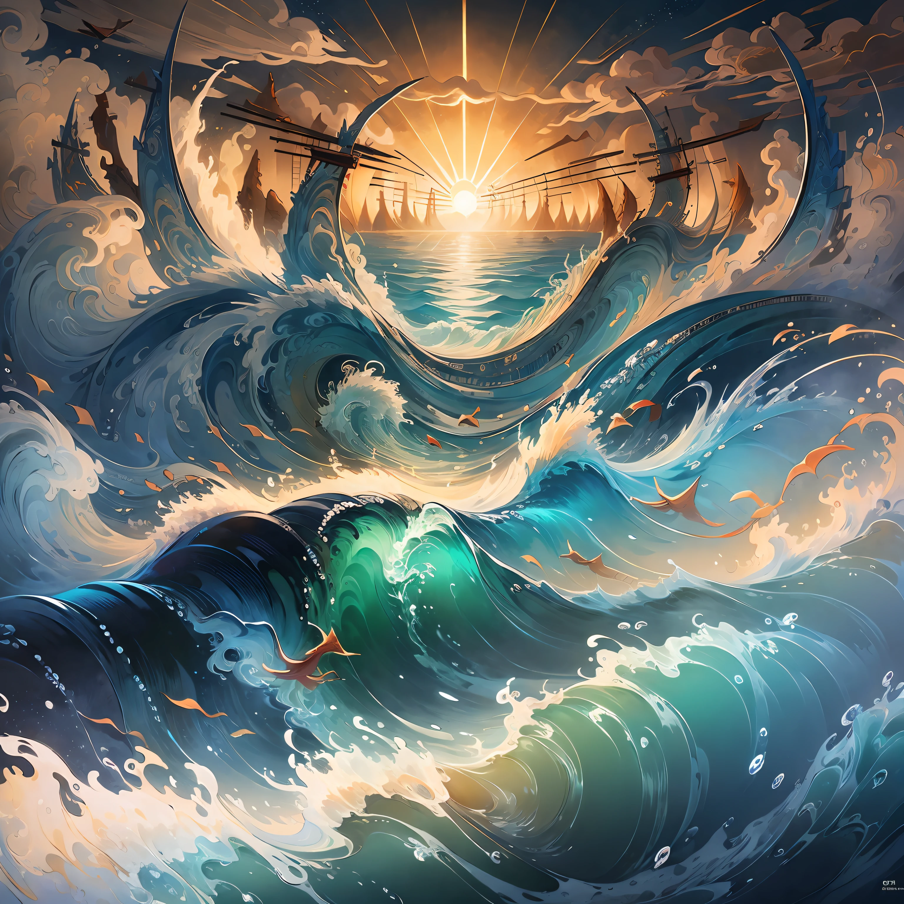 Endless sea surging waves, rivers, auspicious clouds, fried skewers rushing into the sea, sunlight, masterpiece, super detail, epic composition, ultra hd, high quality, extremely detailed, official art, unified 8k wallpaper, super detail, 32k
