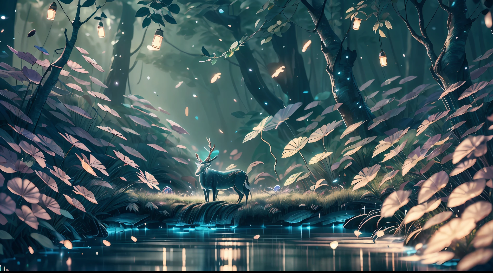 Masterpiece, best quality, (very detailed CG unity 8k wallpaper), (best quality), (best illustration), (best shadows), glow sprite, with a glowing deer, in the swimming pool Drinking water, natural elements in the forest theme. Mysterious forest, beautiful forest, nature, surrounded by flowers, delicate leaves and branches surrounded by fireflies (natural elements), (jungle theme), (leaves), (twigs), (fireflies), (particle effects) etc. 3D , Octane rendering, ray tracing, super detailed