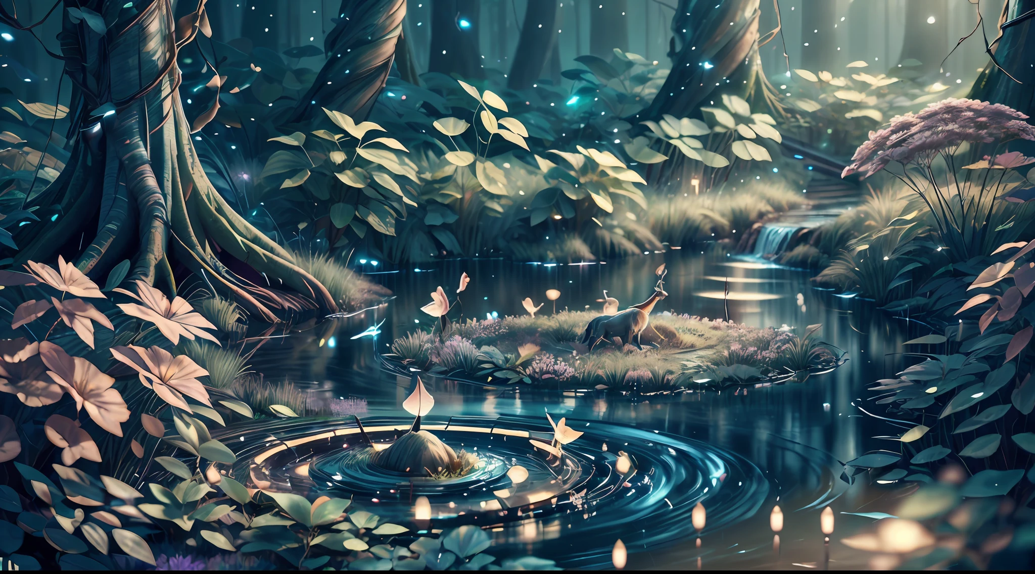 Masterpiece, best quality, (very detailed CG unity 8k wallpaper), (best quality), (best illustration), (best shadows), glow sprite, with a glowing deer, in the swimming pool Drinking water, natural elements in the forest theme. Mysterious forest, beautiful forest, nature, surrounded by flowers, delicate leaves and branches surrounded by fireflies (natural elements), (jungle theme), (leaves), (twigs), (fireflies), (particle effects) etc. 3D , Octane rendering, ray tracing, super detailed