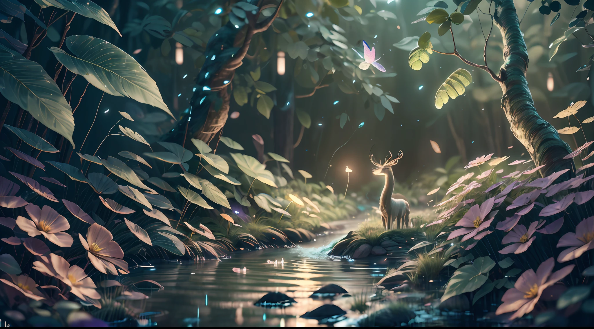 Masterpiece, best quality, (very detailed CG unity 8k wallpaper), (best quality), (best illustration), (best shadows), glow sprite, with a glowing deer, in the swimming pool Drinking water, natural elements in the forest theme. Mysterious forest, beautiful forest, nature, surrounded by flowers, delicate leaves and branches surrounded by fireflies (natural elements), (jungle theme), (leaves), (twigs), (fireflies), (particle effects) etc. 3D , Octane rendering, ray tracing, super detailed