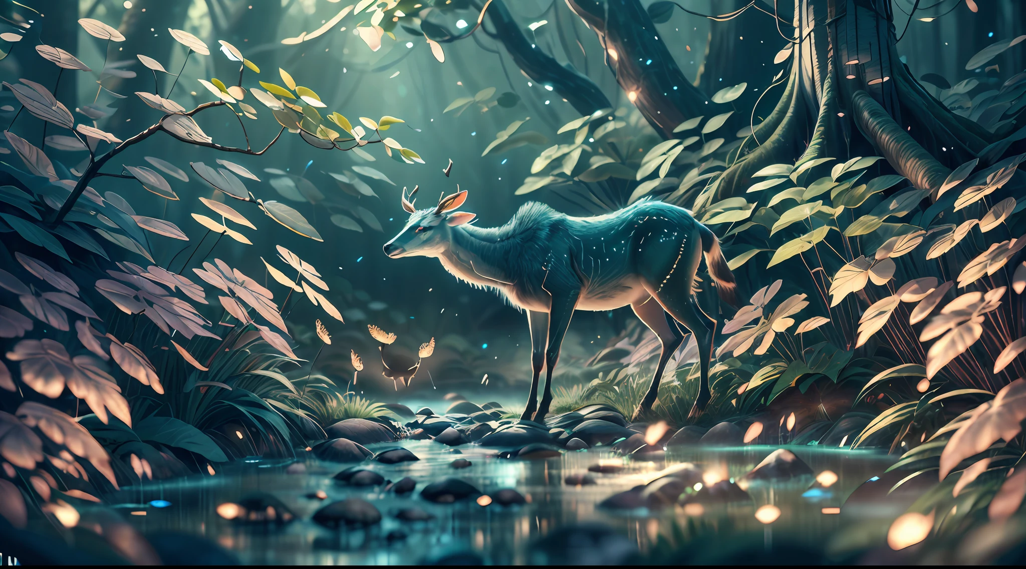 Masterpiece, best quality, (very detailed CG unity 8k wallpaper), (best quality), (best illustration), (best shadows), glow sprite, with a glowing deer, in the swimming pool Drinking water, natural elements in the forest theme. Mysterious forest, beautiful forest, nature, surrounded by flowers, delicate leaves and branches surrounded by fireflies (natural elements), (jungle theme), (leaves), (twigs), (fireflies), (particle effects) etc. 3D , Octane rendering, ray tracing, super detailed