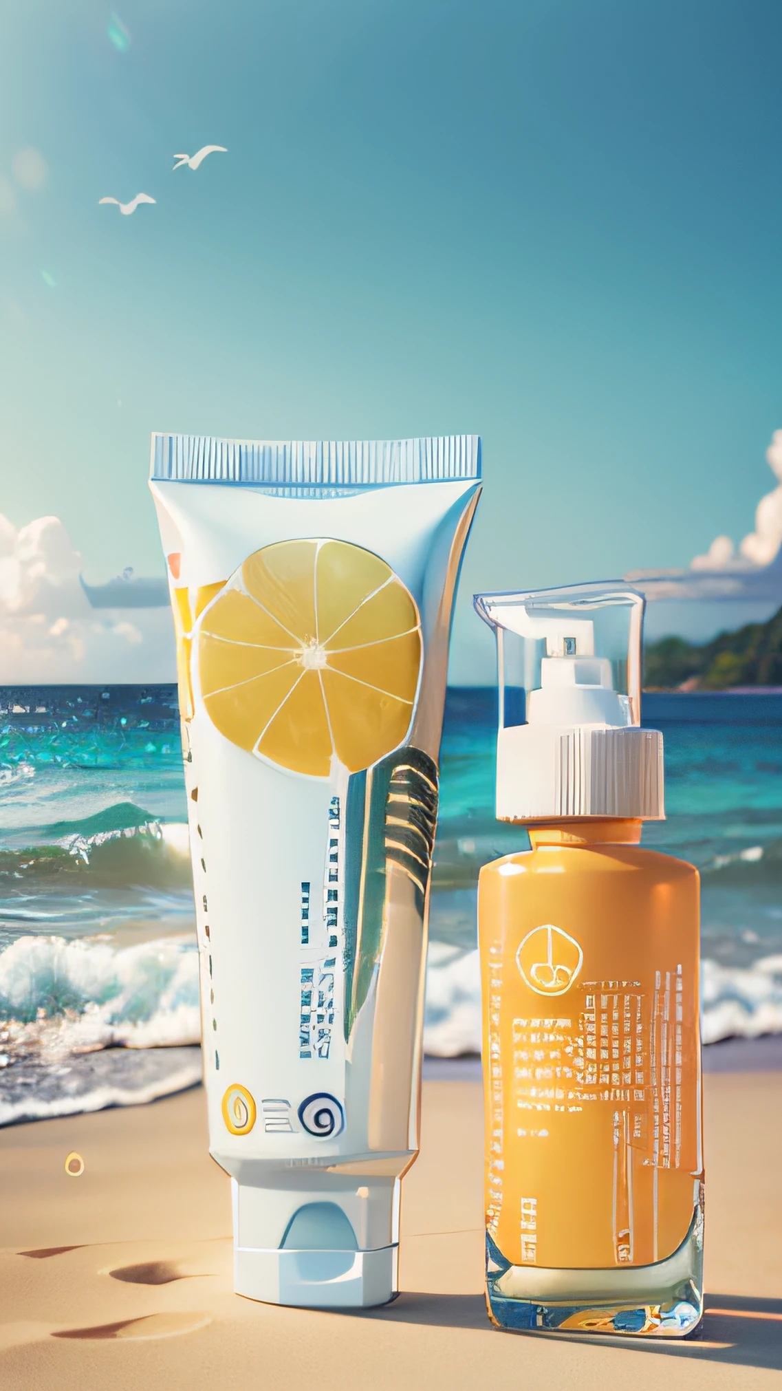 There is a tube of sunscreen and a tube of sunscreen on the beach high quality local rendering, studio lighting, natural realistic rendering, natural background, skincare brand photo shoot, no one --auto