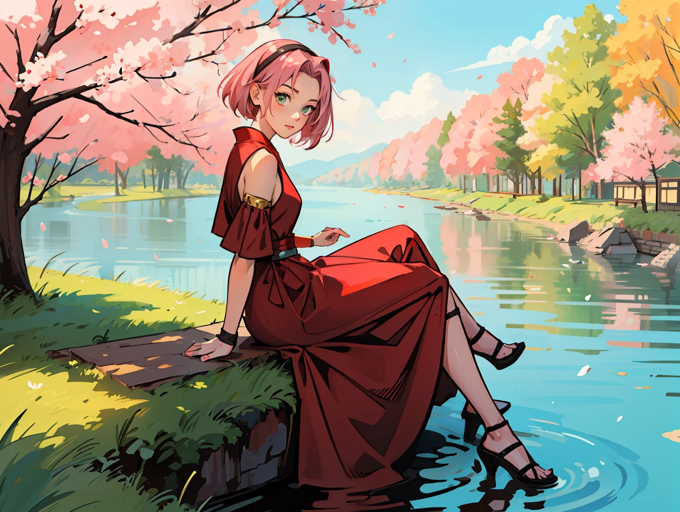 Illustration, line art, Line weight,1girl,haruno sakura,pink hair, green eyes,dark red dress, sitting beside river, golden ratio composition,sakura,shinobi headband,flat color,full body,