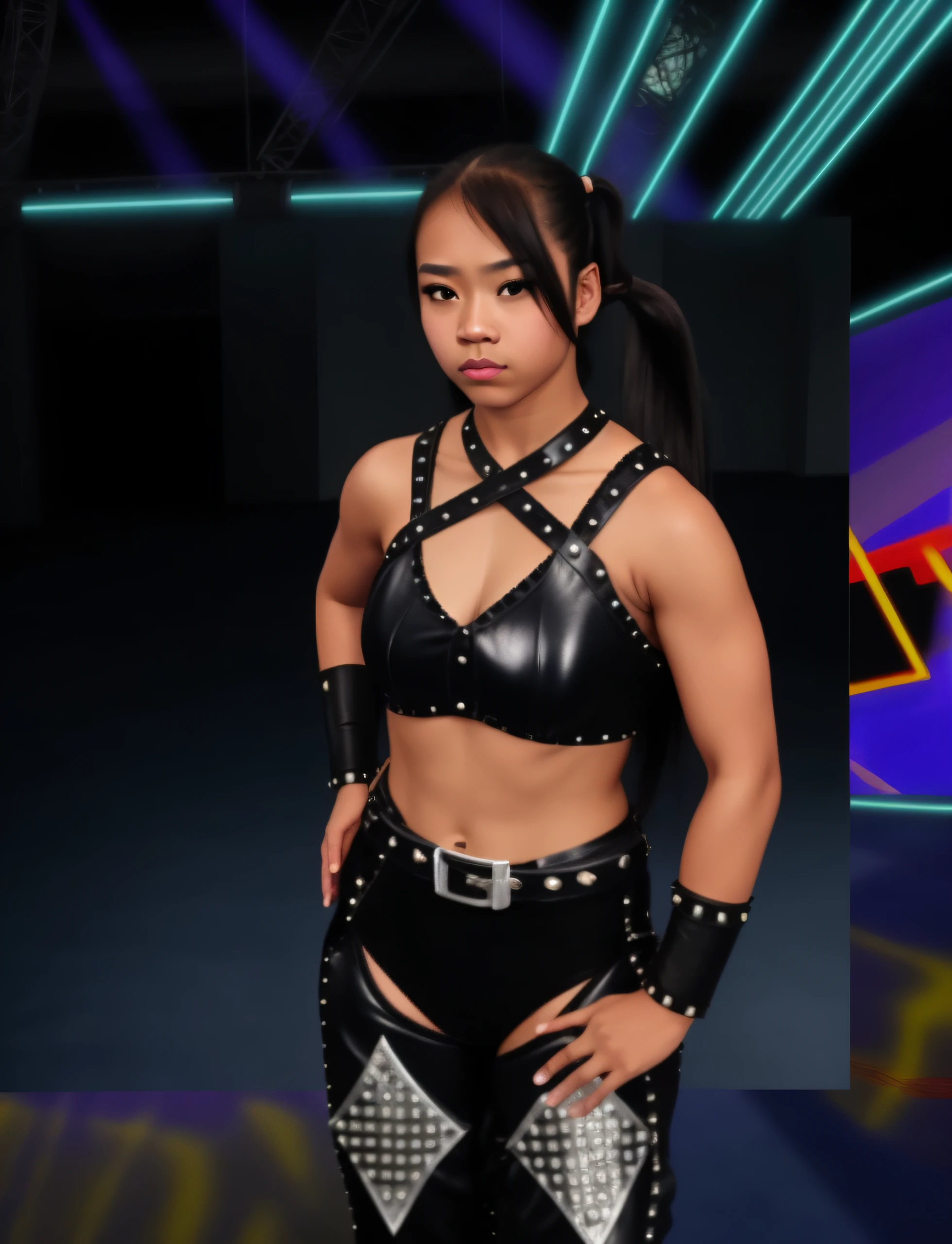 Blasian female wrestler in black studded leather bra, black studded leather bracelets, black leather chaps with studs, black leather trunks, pigtails, photo realistic, intricate details