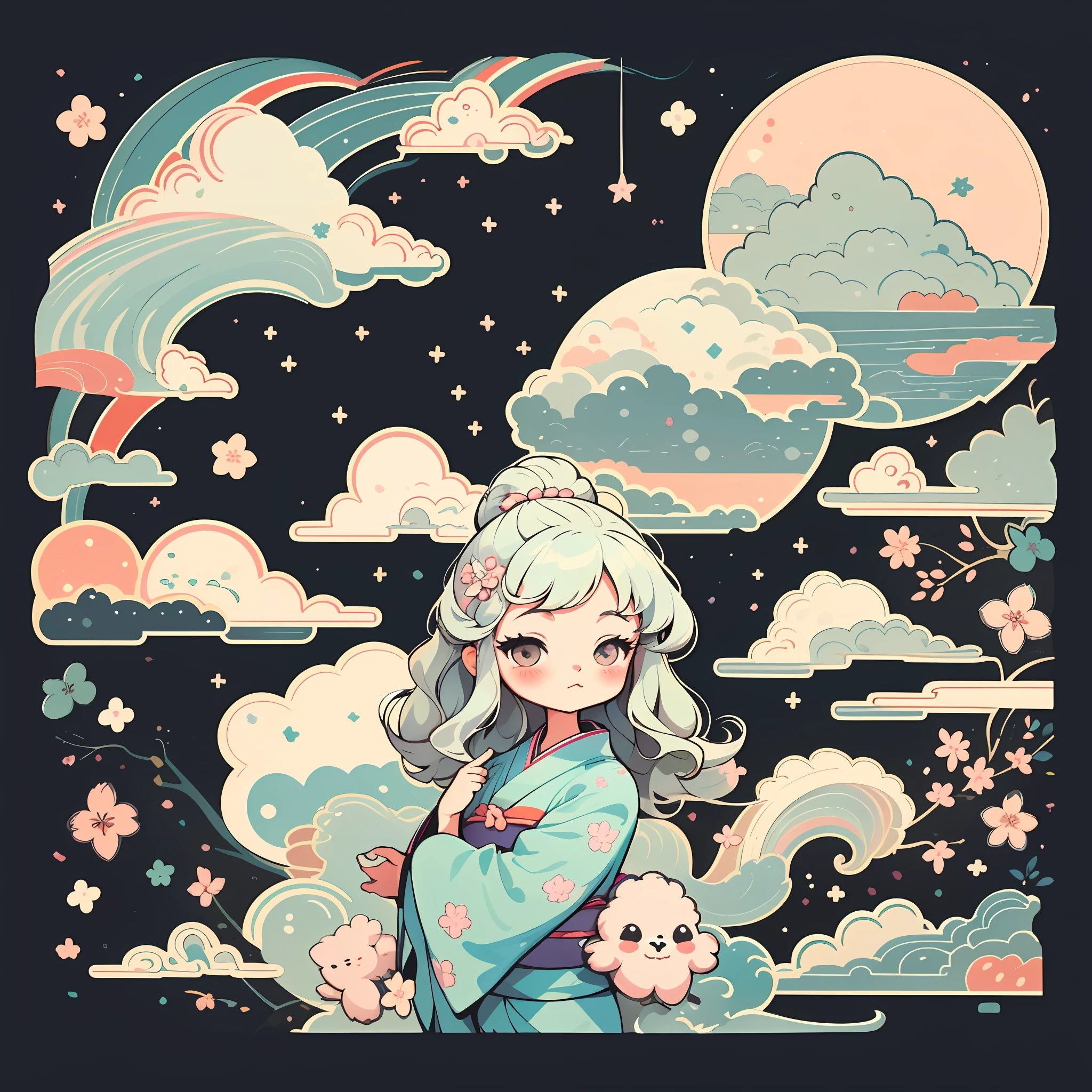 1 sticker, sticker, nikkaze, (cute girl), (gorgeous kimono), (gorgeous hair accessory), (Japanese traditional hairstyle), cherry blossoms, clouds, behind is a huge round moon, stars, white background, no background, simple background, minimal, cute, tiny, pastel color, vector style, no gradient