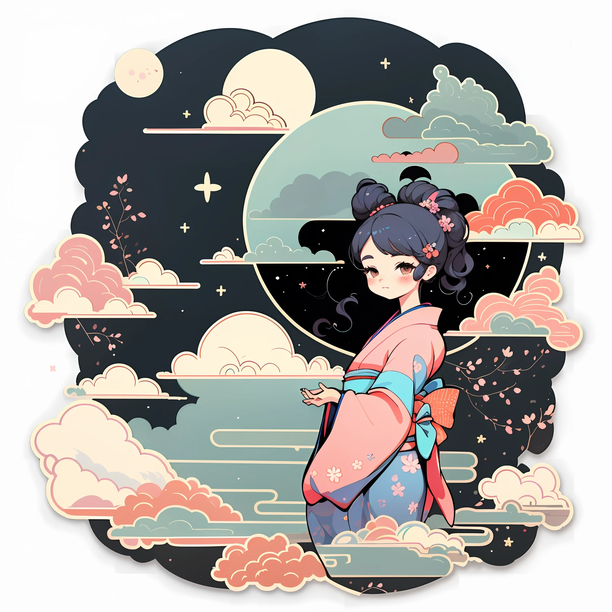 1 sticker, sticker, nikkaze, (cute girl), (gorgeous kimono), (gorgeous hair accessory), (Japanese traditional hairstyle), cherry blossoms, clouds, behind is a huge round moon, stars, white background, no background, simple background, minimal, cute, tiny, pastel color, vector style, no gradient