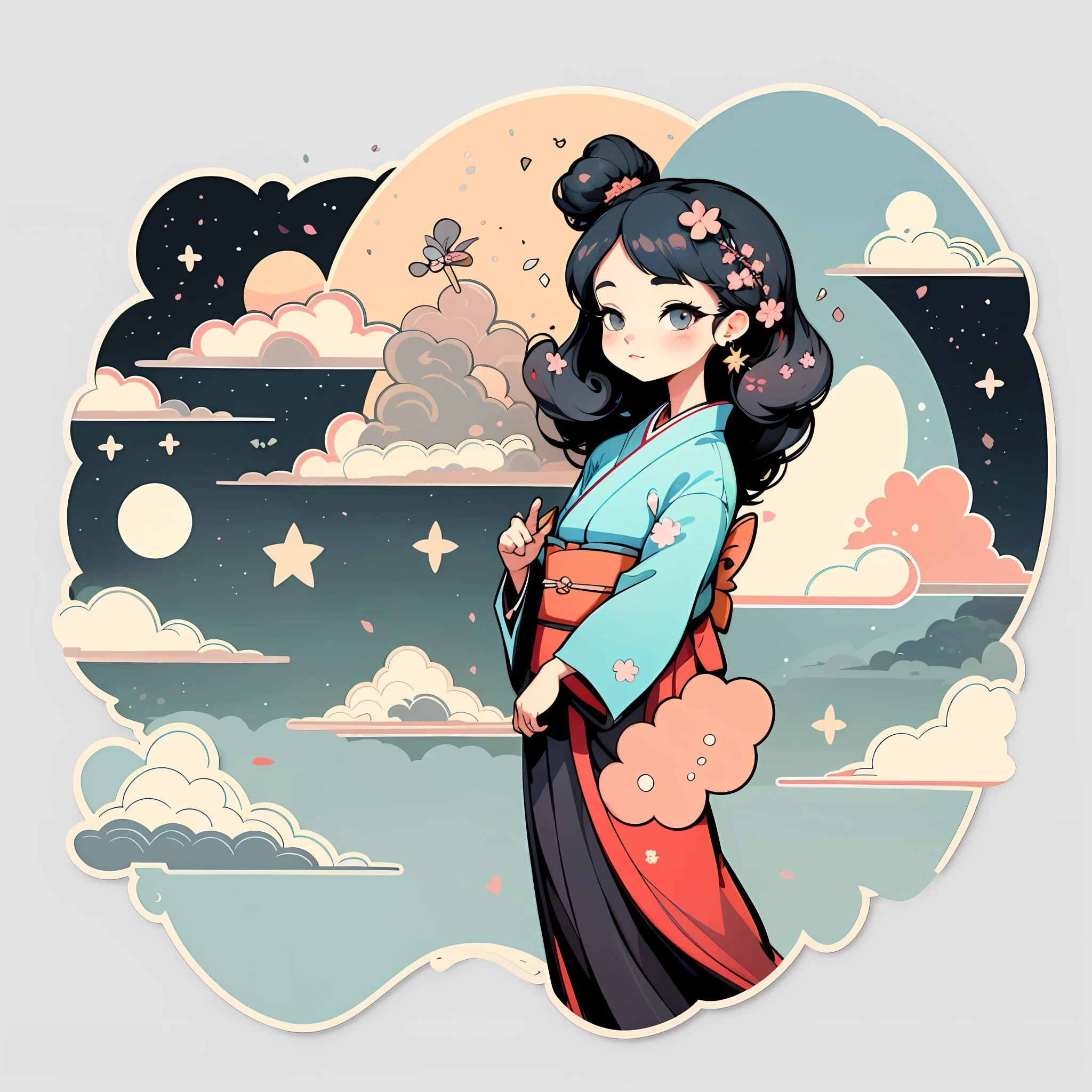 1 sticker, sticker, nikkaze, (cute girl), (gorgeous kimono), (gorgeous hair accessory), (Japanese traditional hairstyle), cherry blossoms, clouds, behind is a huge round moon, stars, white background, no background, simple background, minimal, cute, tiny, pastel color, vector style, no gradient