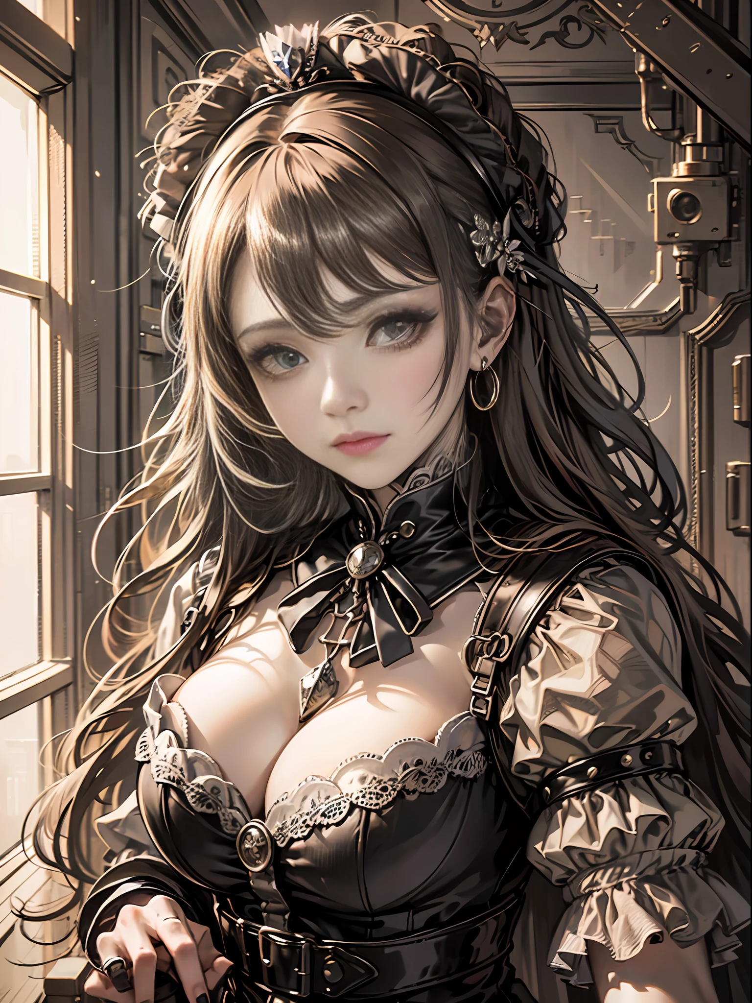 (Pure Color: 0.9), (Color: 1.1), (Masterpiece: 1,2), Top Quality, Masterpiece, High Resolution, Original, Highly Detailed Wallpaper, Beauty, Gothic Lolita, Dress, Melancholy, Big Breasts, Sepia Color, 40 years old --auto --s2
