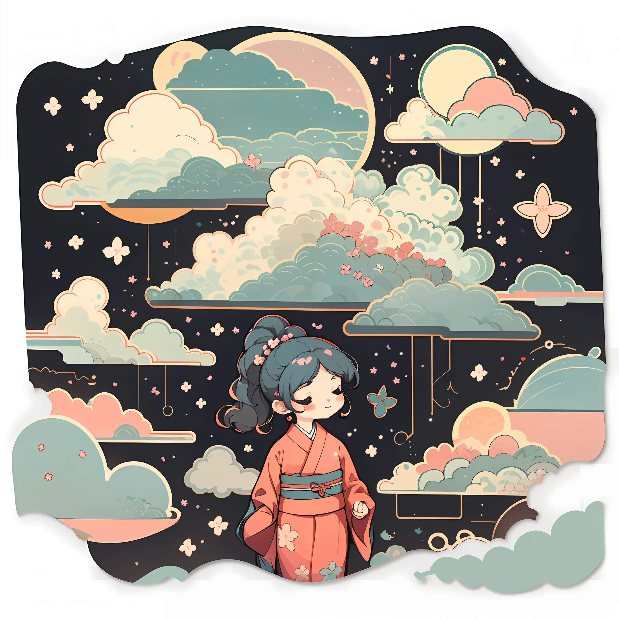 1 sticker, sticker, nikkaze, (cute girl), (gorgeous kimono), (gorgeous hair accessory), (Japanese traditional hairstyle), cherry blossoms, clouds, behind is a huge round moon, stars, white background, no background, simple background, minimal, cute, tiny, pastel color, vector style, no gradient