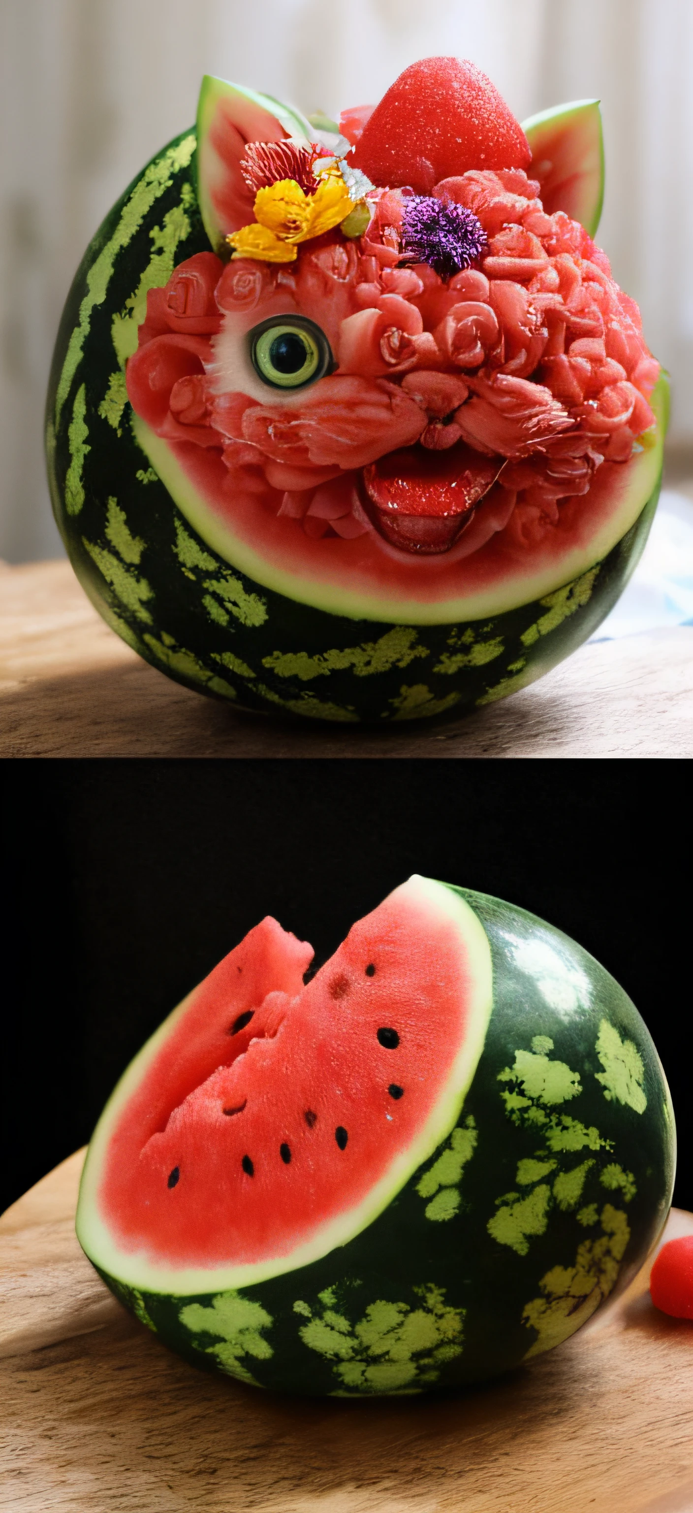 there is a watermelon with a cat made of fruit, food art, very realistic, very very realistic, cat design, cat detailed, cat masterpiece, watermelon, cute cat, made of fruit and flowers, amazing!, carving, kawaii cat, very very very realistic, by Wu Zhen, awesome cat, made of flowers and fruit, carved, sculpted out of candy, perfectly detailed