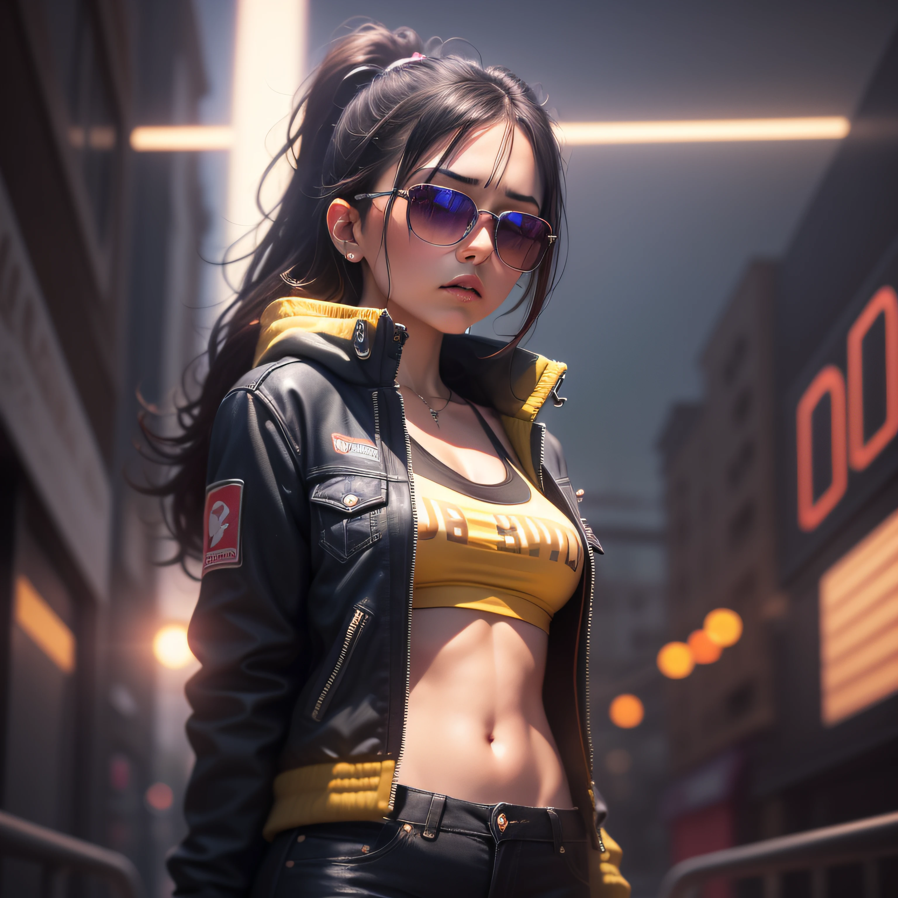 "A woman, attractive-bodied, in a Lakers-colored basquet jacket, sunglasses, chewing gum, standing at a deserted nightclub. The environment is dark, with lighting that highlights the shadows. The scene conveys an intense sense of loneliness and isolation. Music equipment and distant lights are obscured by the night, producing trails of colorful and vibrant lights in the background. The camera is positioned at a dynamic angle, as if it were a film shot, giving a sense of action and suspense."